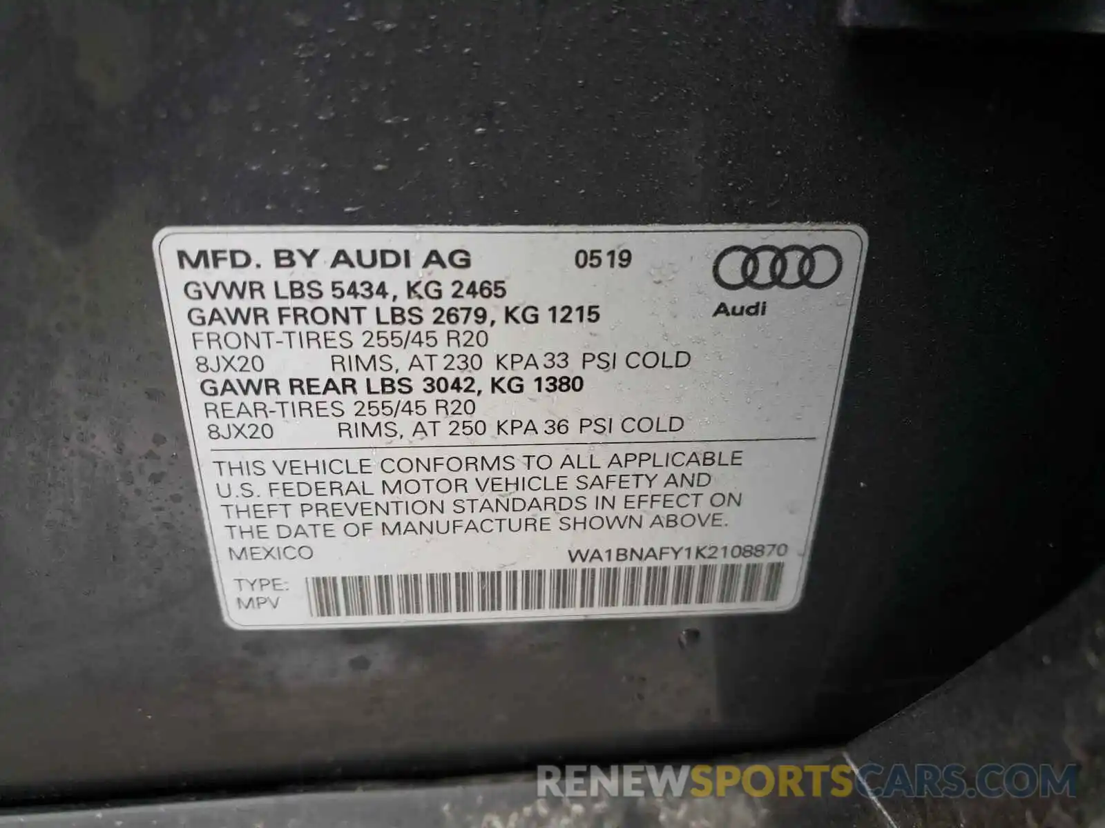 10 Фотография поврежденного автомобиля WA1BNAFY1K2108870 AUDI Q5 2019