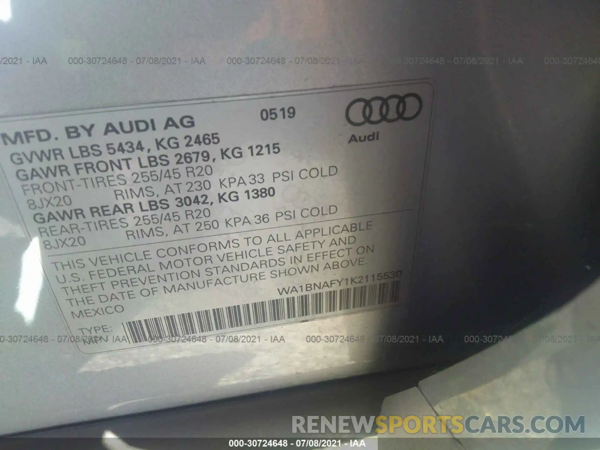 9 Photograph of a damaged car WA1BNAFY1K2115530 AUDI Q5 2019