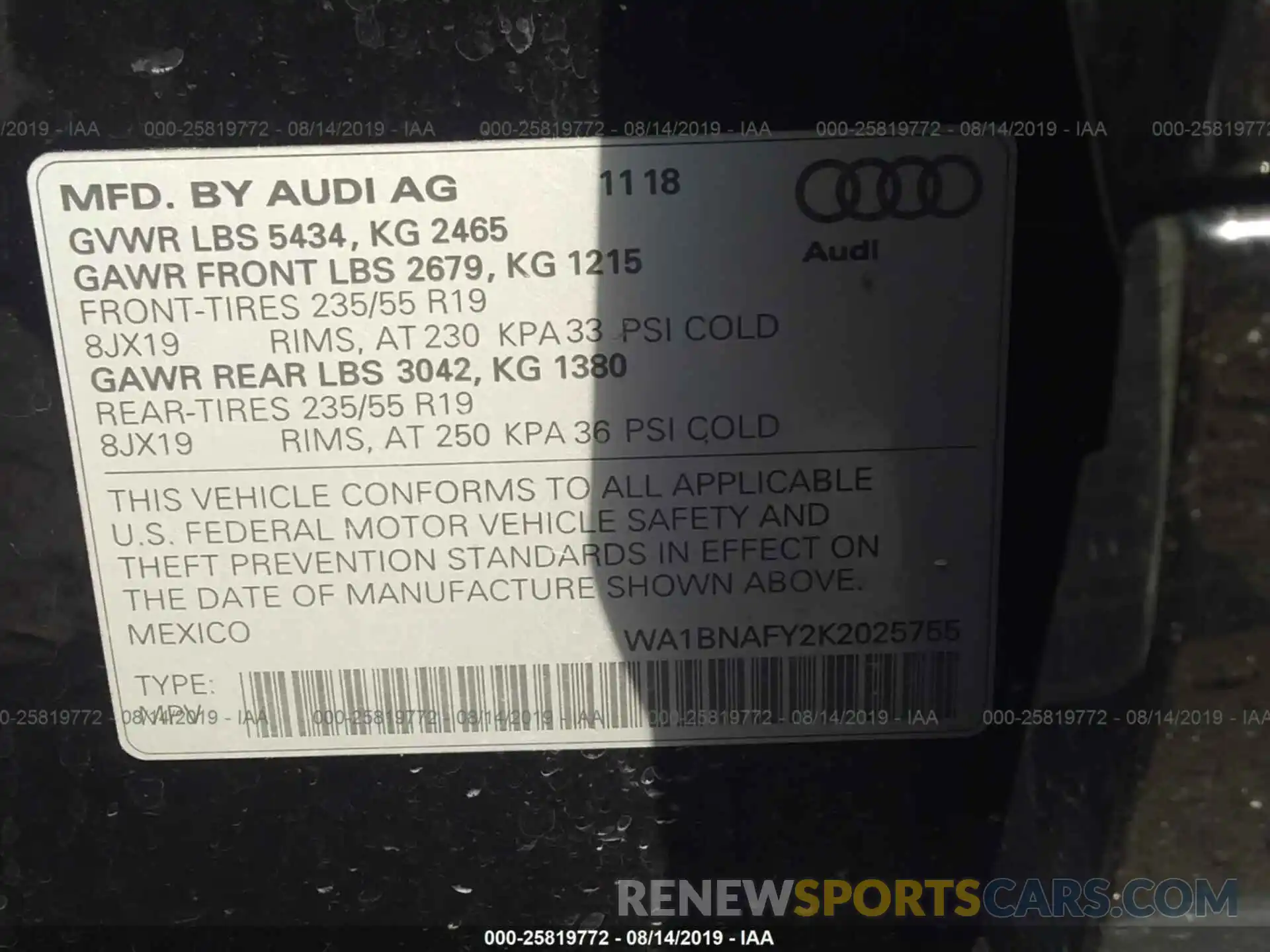 9 Фотография поврежденного автомобиля WA1BNAFY2K2025755 AUDI Q5 2019