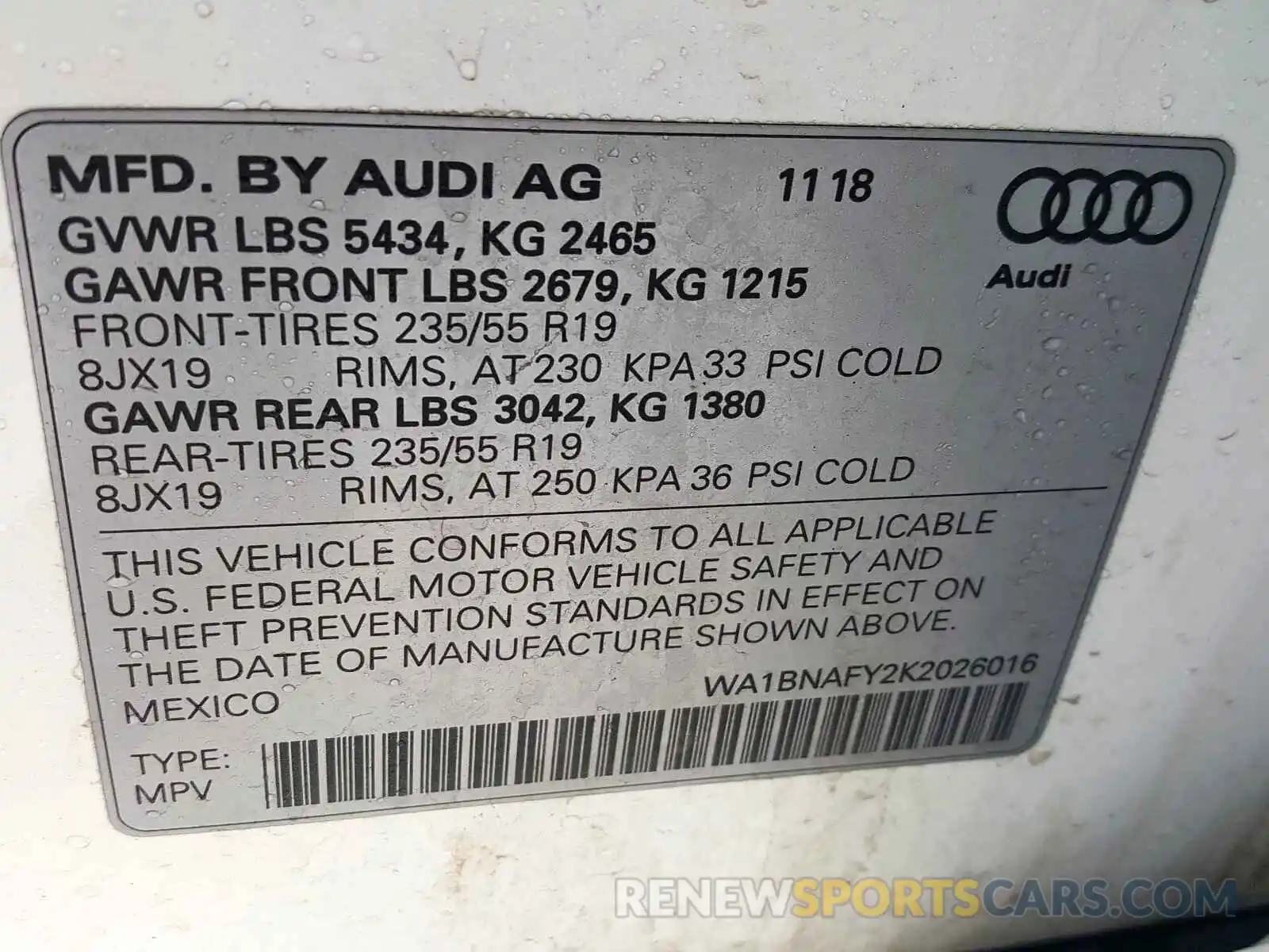 10 Photograph of a damaged car WA1BNAFY2K2026016 AUDI Q5 2019