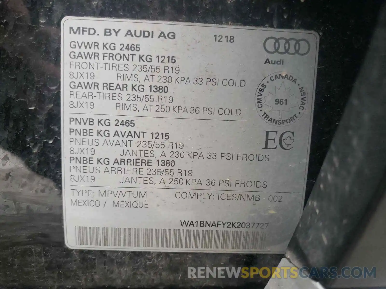 10 Photograph of a damaged car WA1BNAFY2K2037727 AUDI Q5 2019