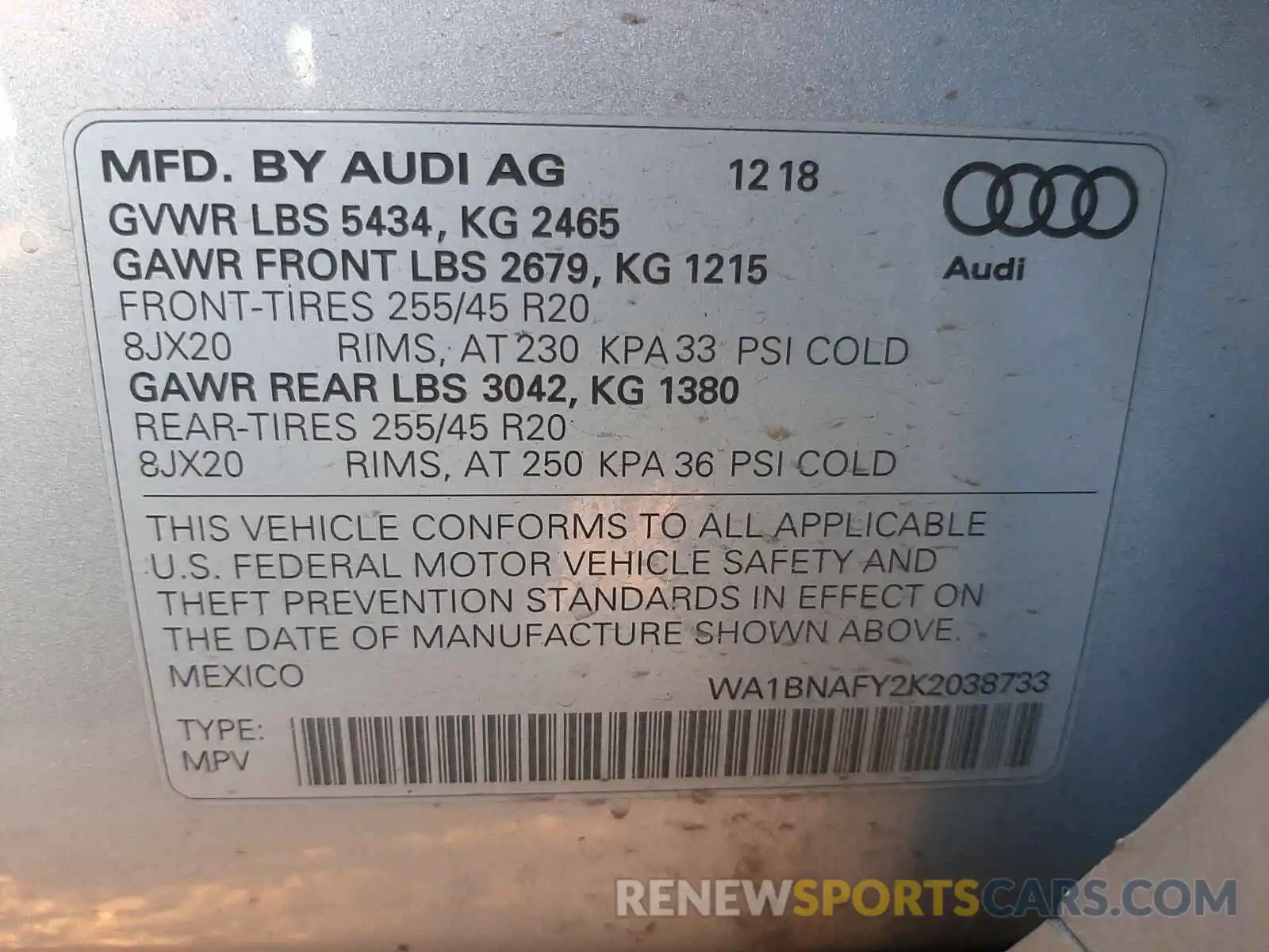 10 Photograph of a damaged car WA1BNAFY2K2038733 AUDI Q5 2019