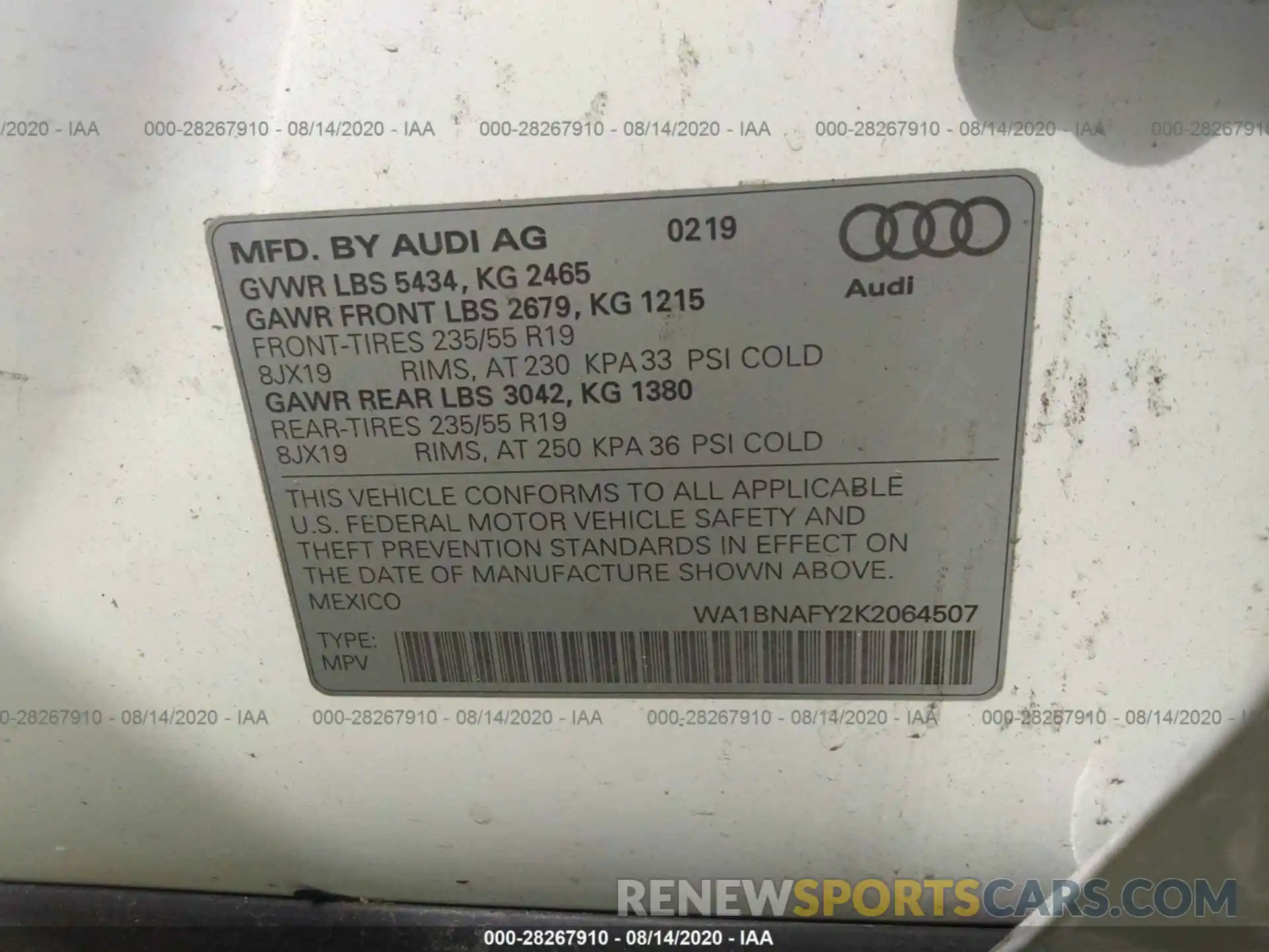 9 Фотография поврежденного автомобиля WA1BNAFY2K2064507 AUDI Q5 2019