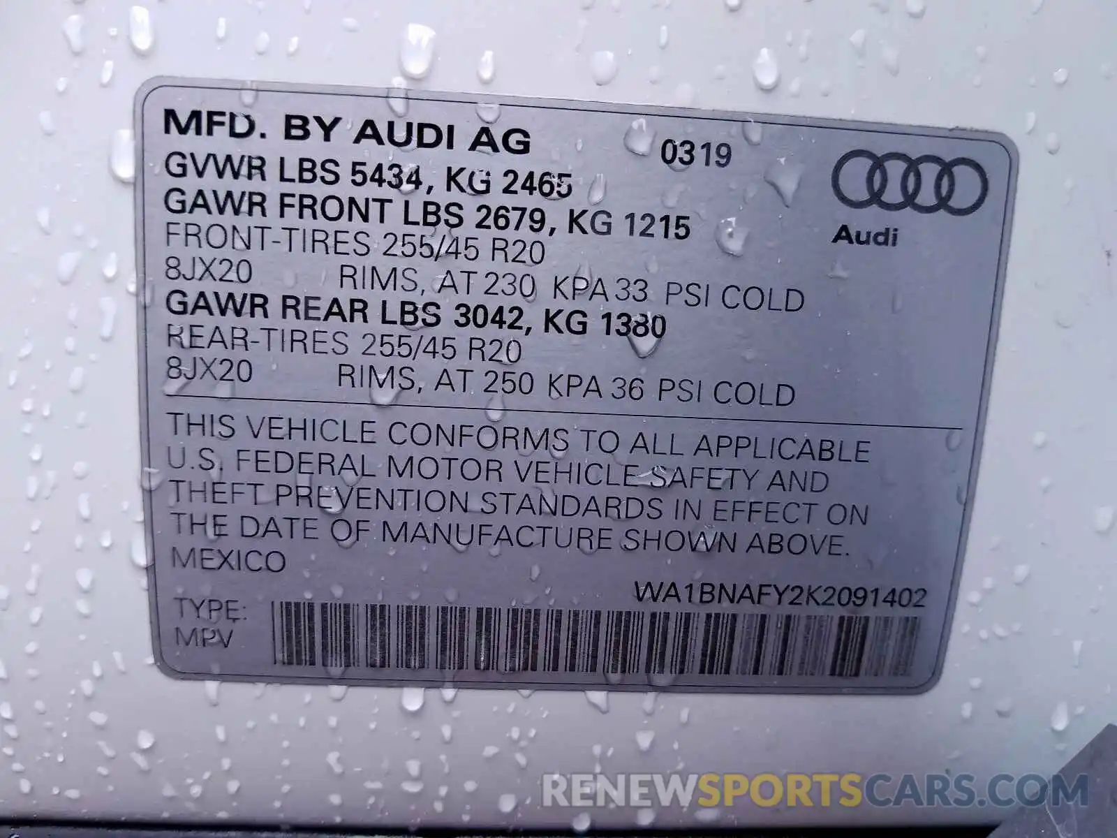 10 Photograph of a damaged car WA1BNAFY2K2091402 AUDI Q5 2019