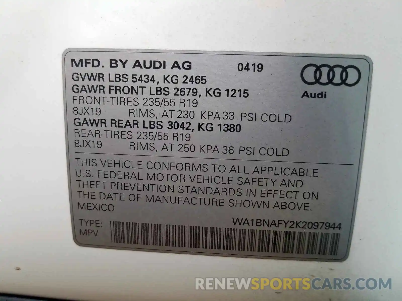 10 Photograph of a damaged car WA1BNAFY2K2097944 AUDI Q5 2019