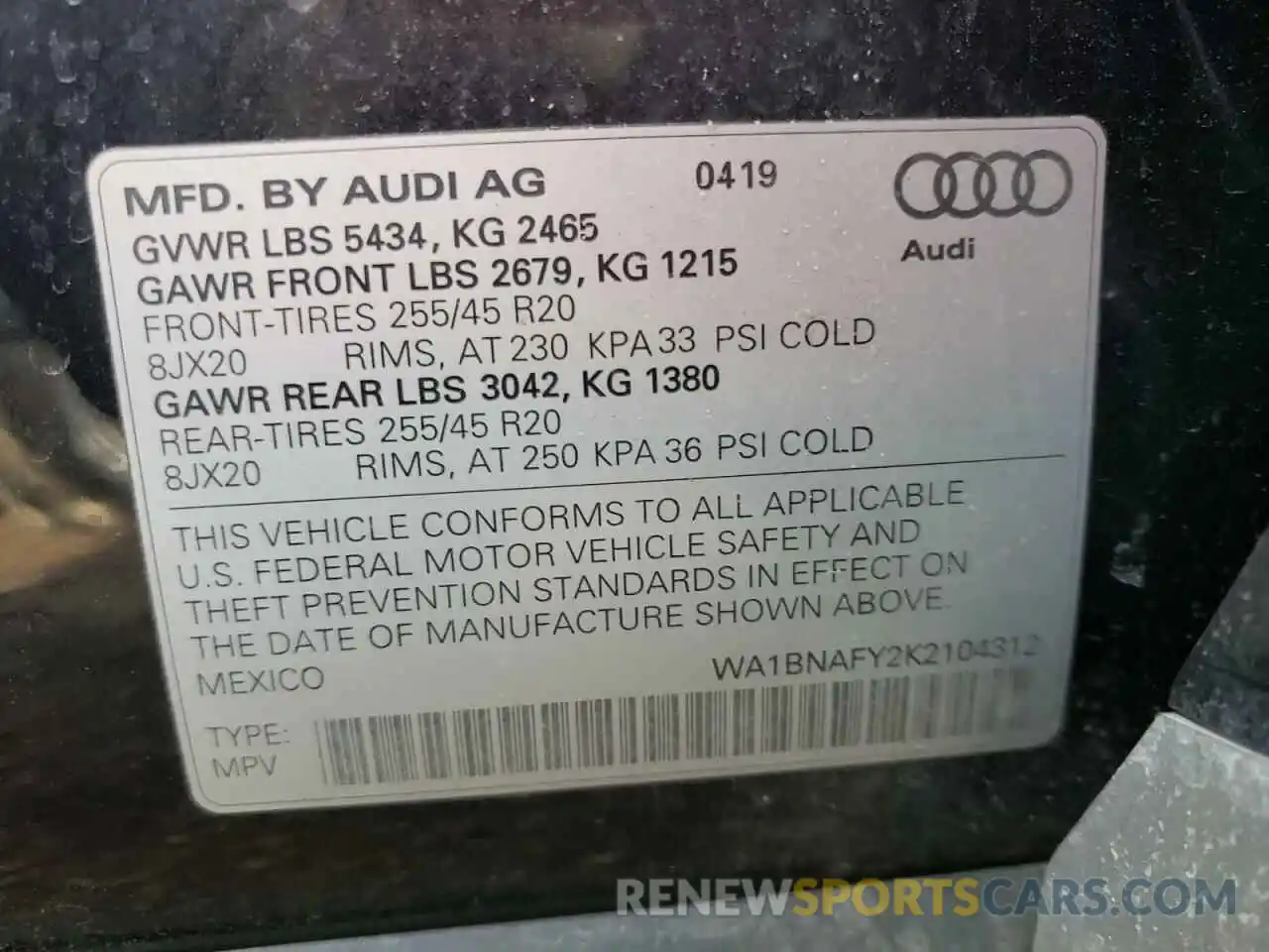 10 Photograph of a damaged car WA1BNAFY2K2104312 AUDI Q5 2019