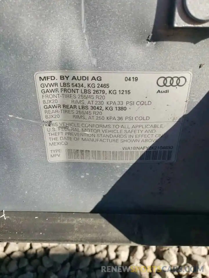 10 Photograph of a damaged car WA1BNAFY2K2104830 AUDI Q5 2019