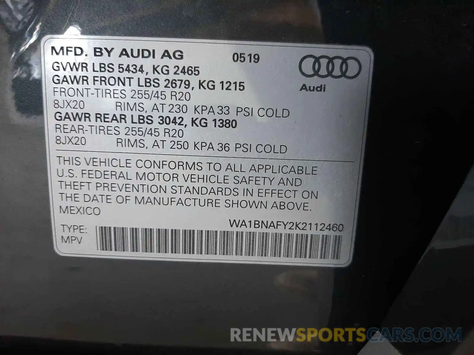 10 Фотография поврежденного автомобиля WA1BNAFY2K2112460 AUDI Q5 2019