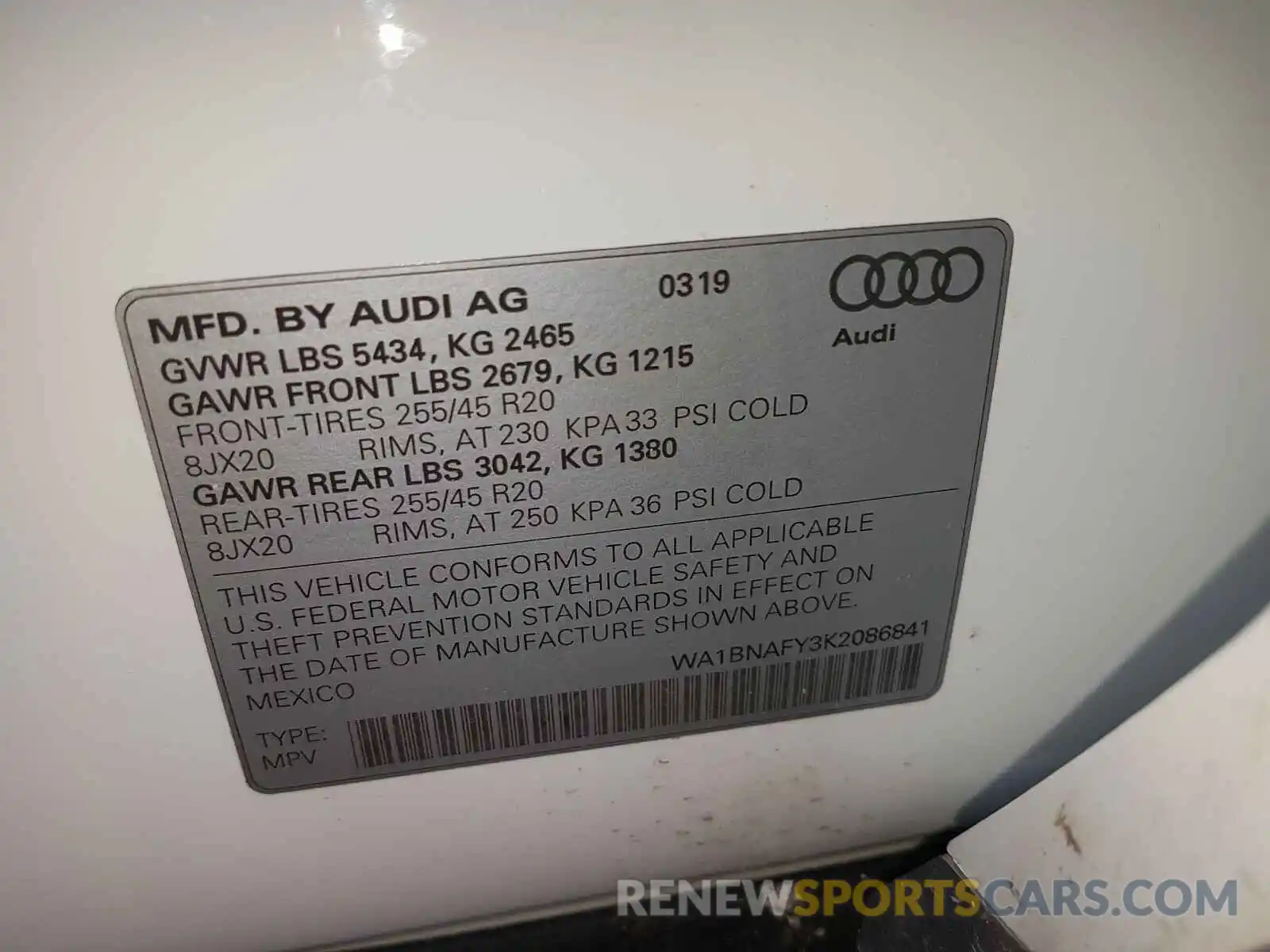 10 Фотография поврежденного автомобиля WA1BNAFY3K2086841 AUDI Q5 2019