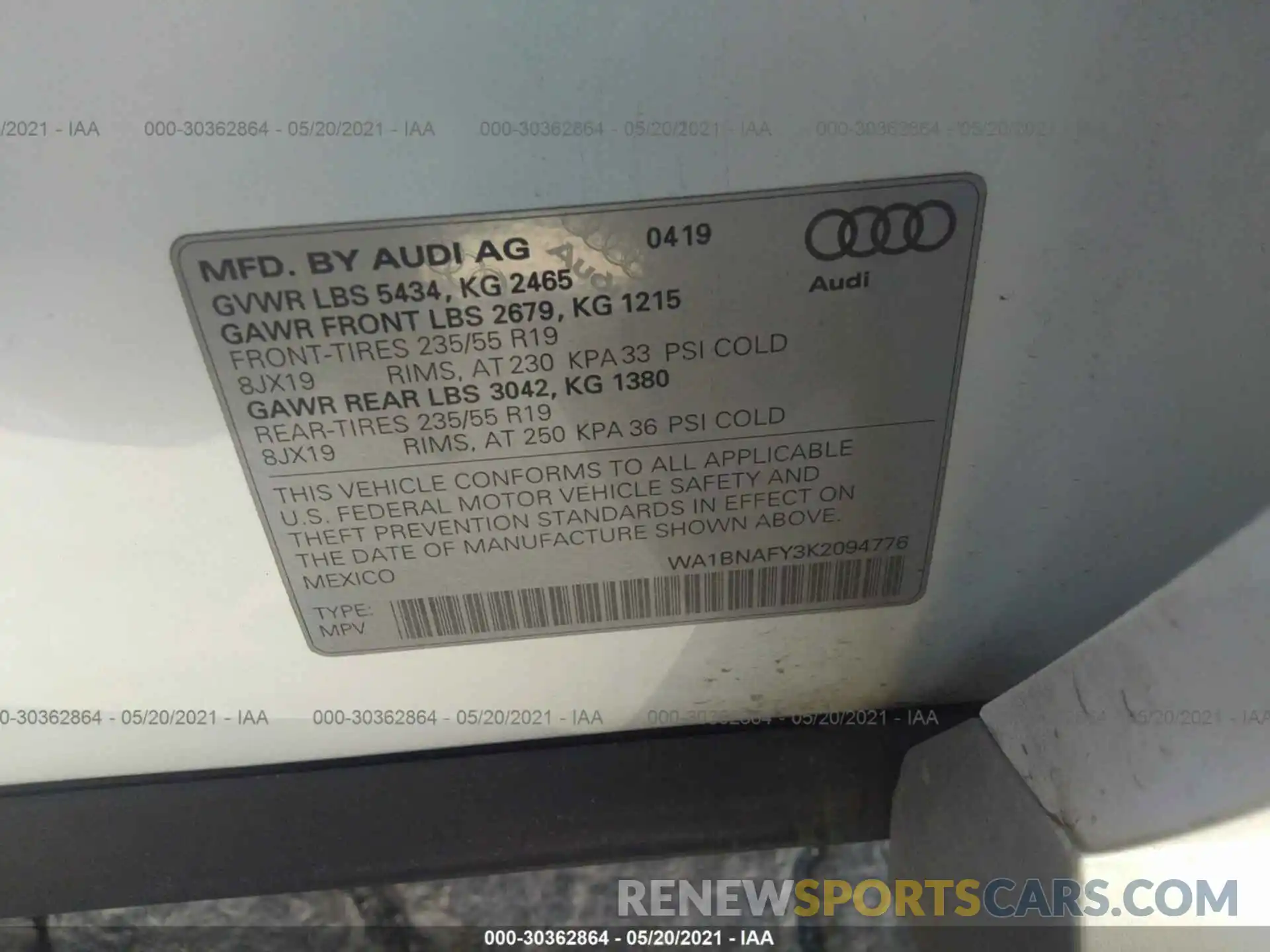 9 Photograph of a damaged car WA1BNAFY3K2094776 AUDI Q5 2019