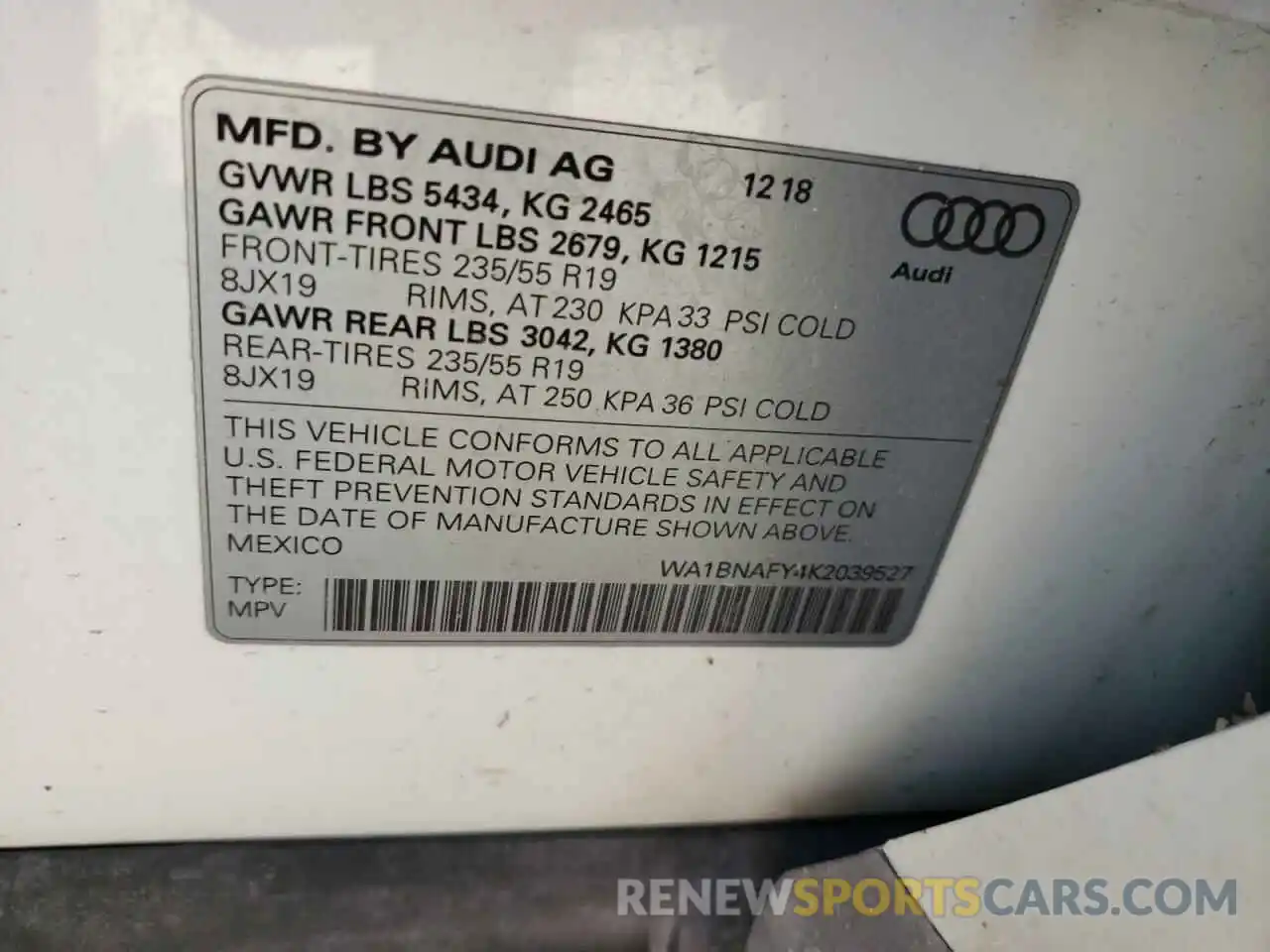 14 Photograph of a damaged car WA1BNAFY4K2039527 AUDI Q5 2019