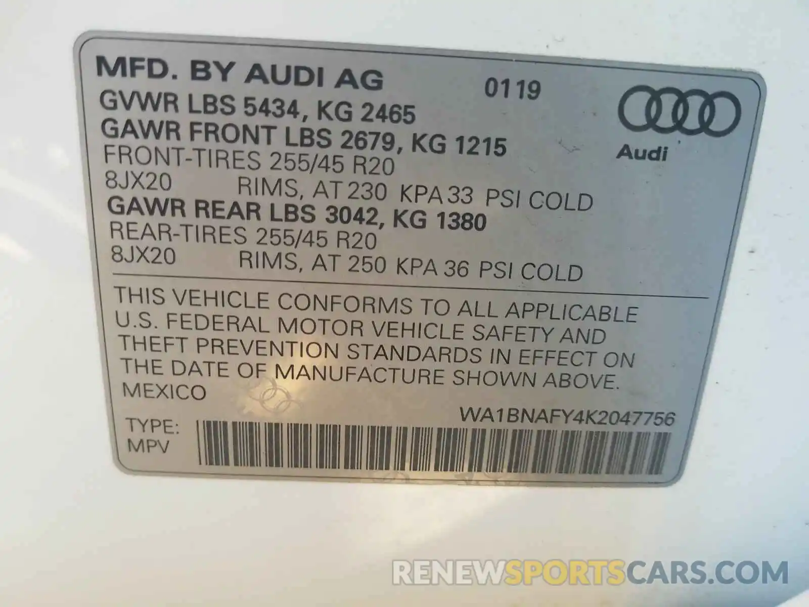 10 Photograph of a damaged car WA1BNAFY4K2047756 AUDI Q5 2019