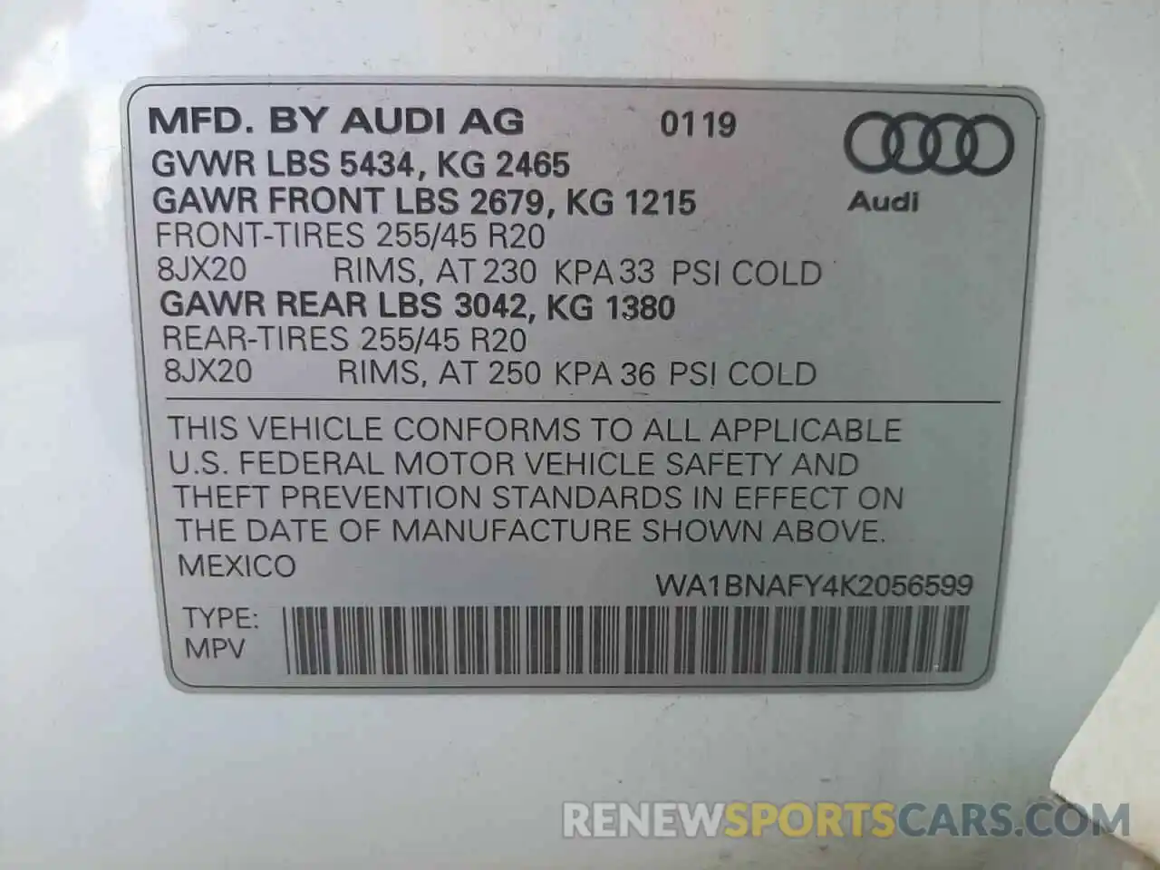 14 Photograph of a damaged car WA1BNAFY4K2056599 AUDI Q5 2019