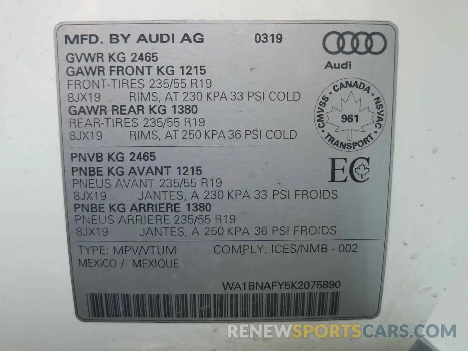 10 Photograph of a damaged car WA1BNAFY5K2075890 AUDI Q5 2019