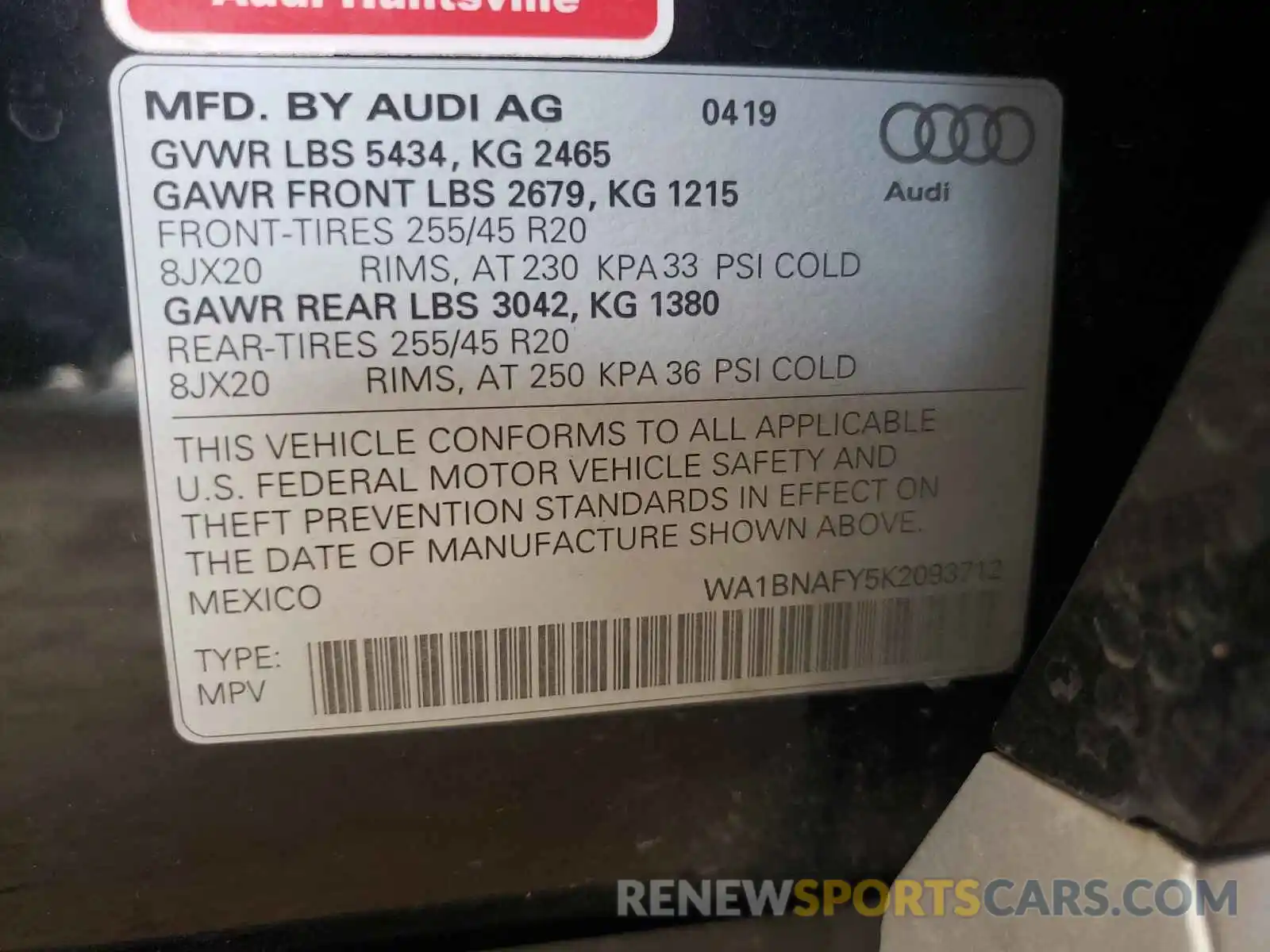 10 Photograph of a damaged car WA1BNAFY5K2093712 AUDI Q5 2019