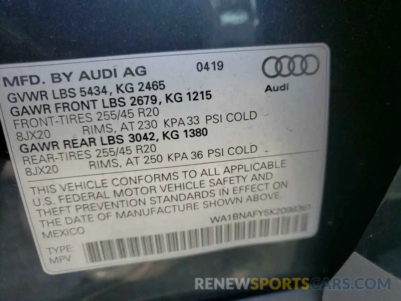 10 Фотография поврежденного автомобиля WA1BNAFY5K2098361 AUDI Q5 2019