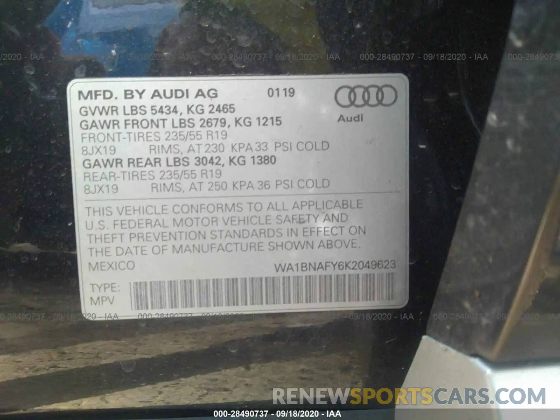 9 Фотография поврежденного автомобиля WA1BNAFY6K2049623 AUDI Q5 2019