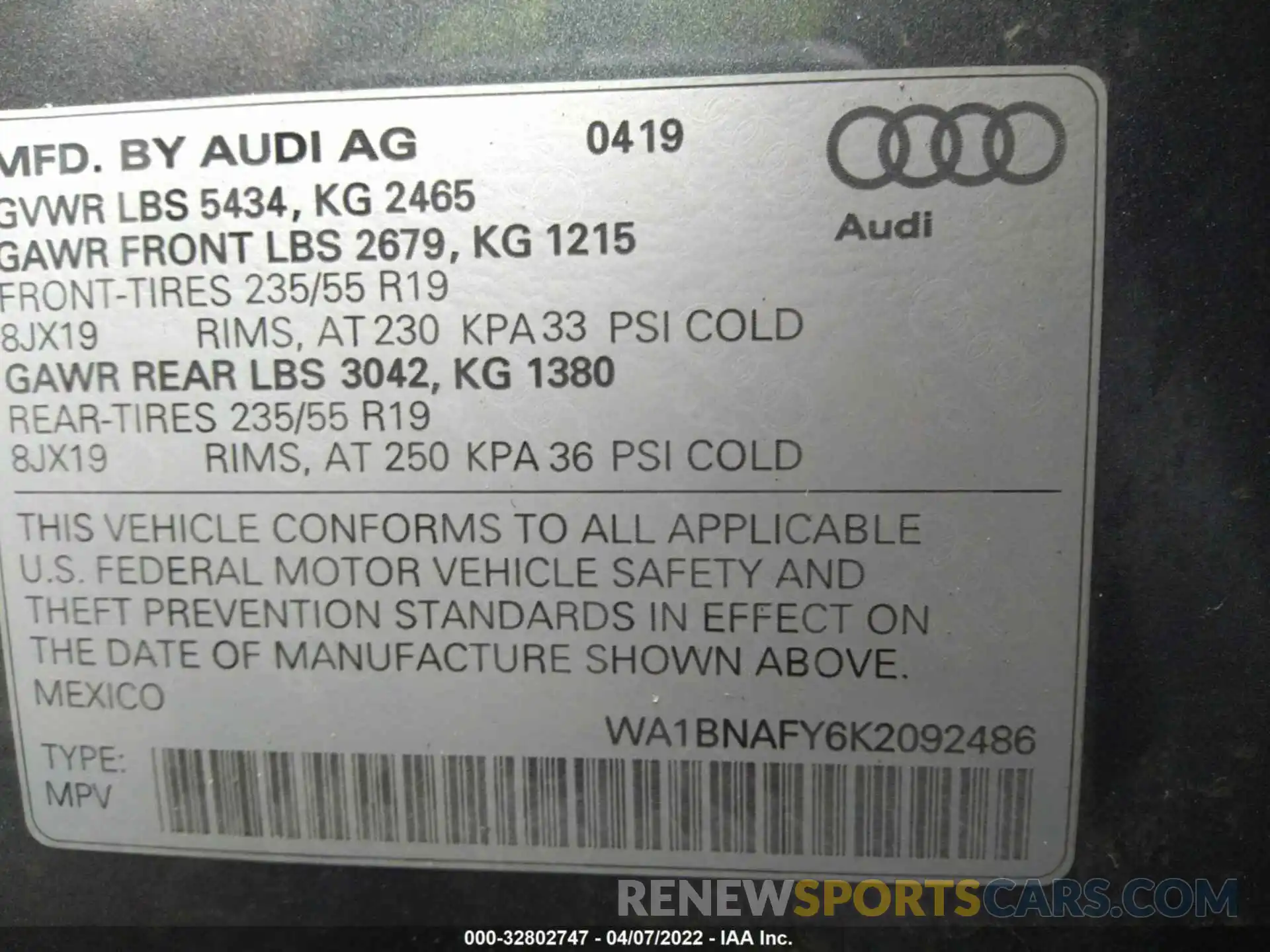 9 Фотография поврежденного автомобиля WA1BNAFY6K2092486 AUDI Q5 2019