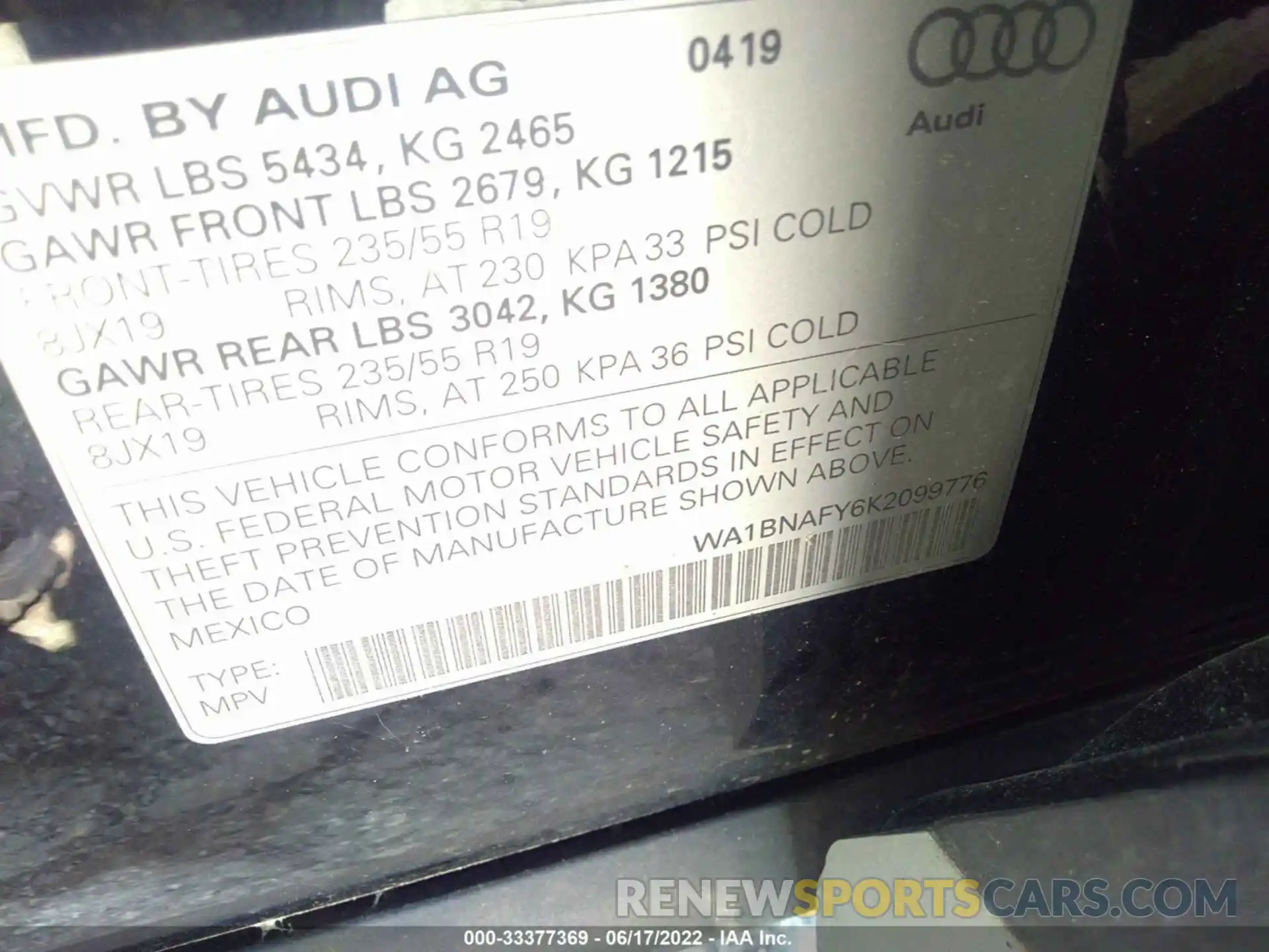 9 Фотография поврежденного автомобиля WA1BNAFY6K2099776 AUDI Q5 2019