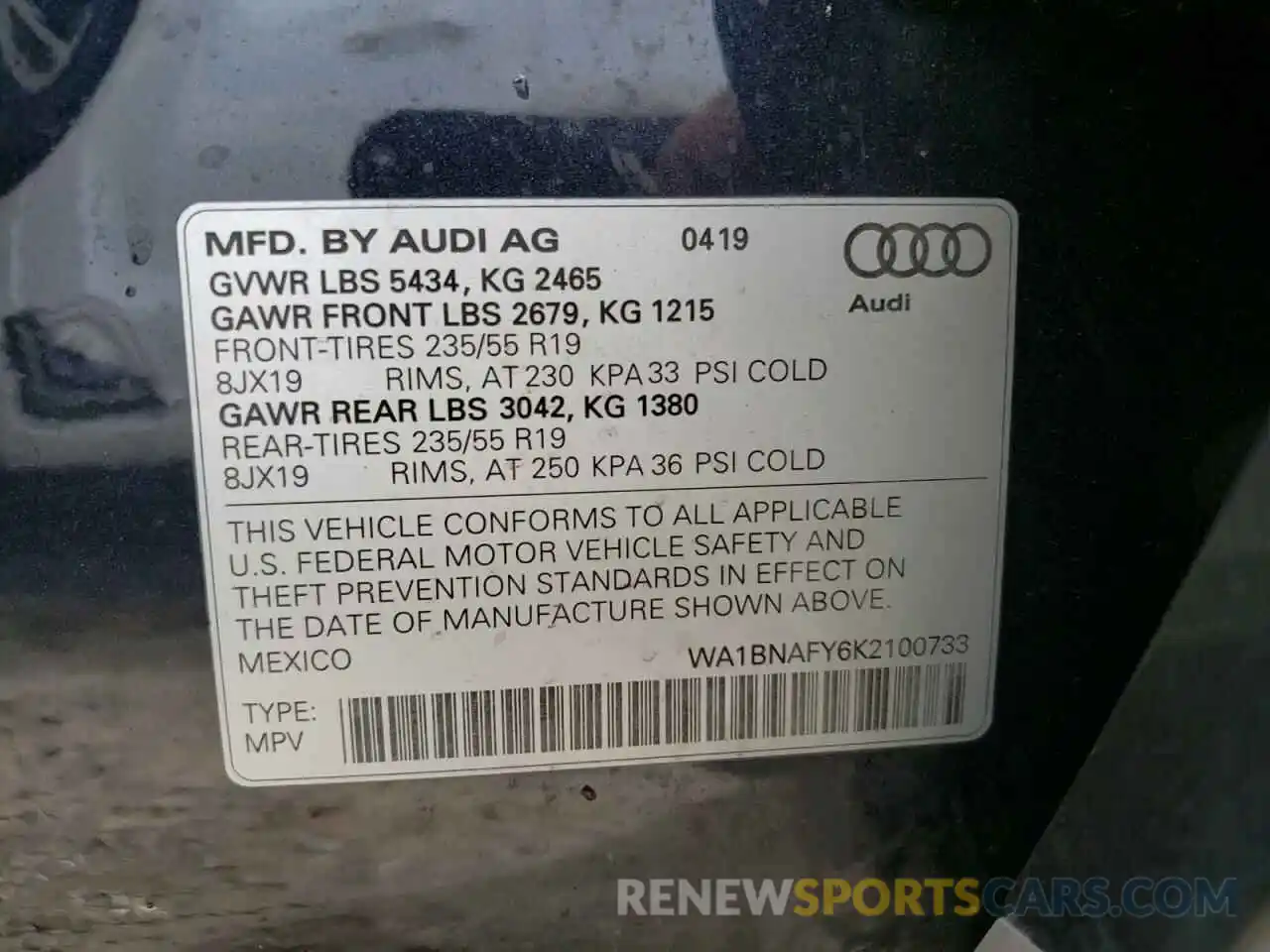 10 Фотография поврежденного автомобиля WA1BNAFY6K2100733 AUDI Q5 2019