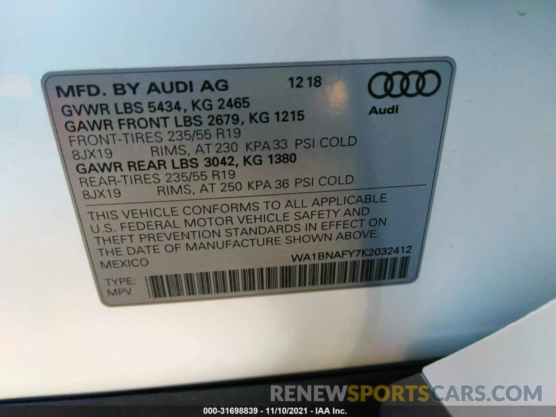 9 Фотография поврежденного автомобиля WA1BNAFY7K2032412 AUDI Q5 2019