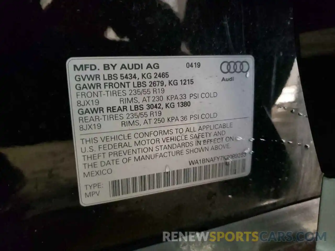 10 Фотография поврежденного автомобиля WA1BNAFY7K2099253 AUDI Q5 2019