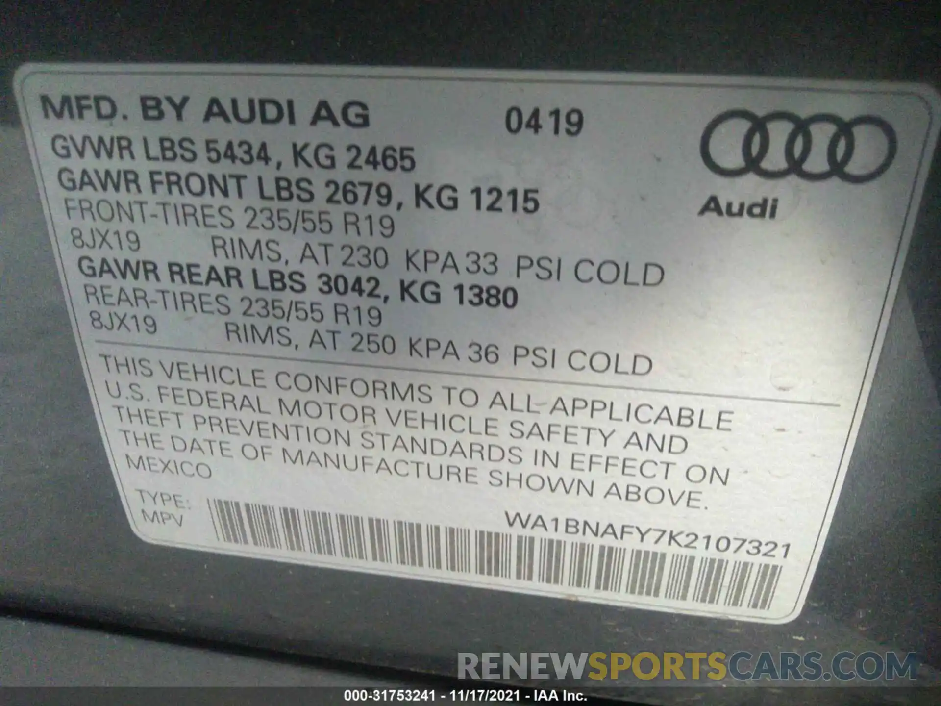 9 Photograph of a damaged car WA1BNAFY7K2107321 AUDI Q5 2019