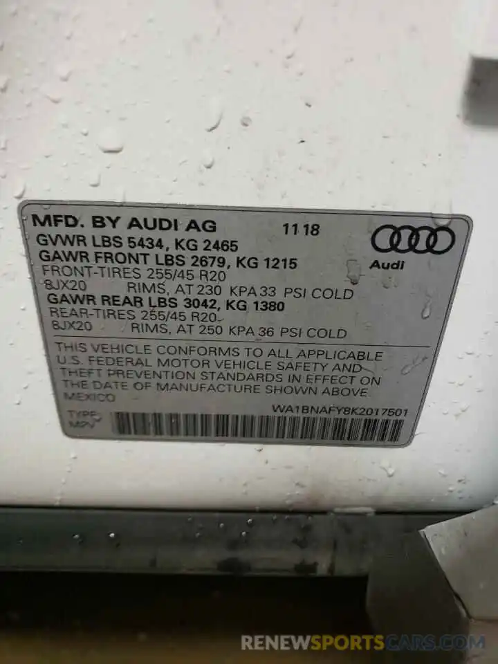 10 Фотография поврежденного автомобиля WA1BNAFY8K2017501 AUDI Q5 2019