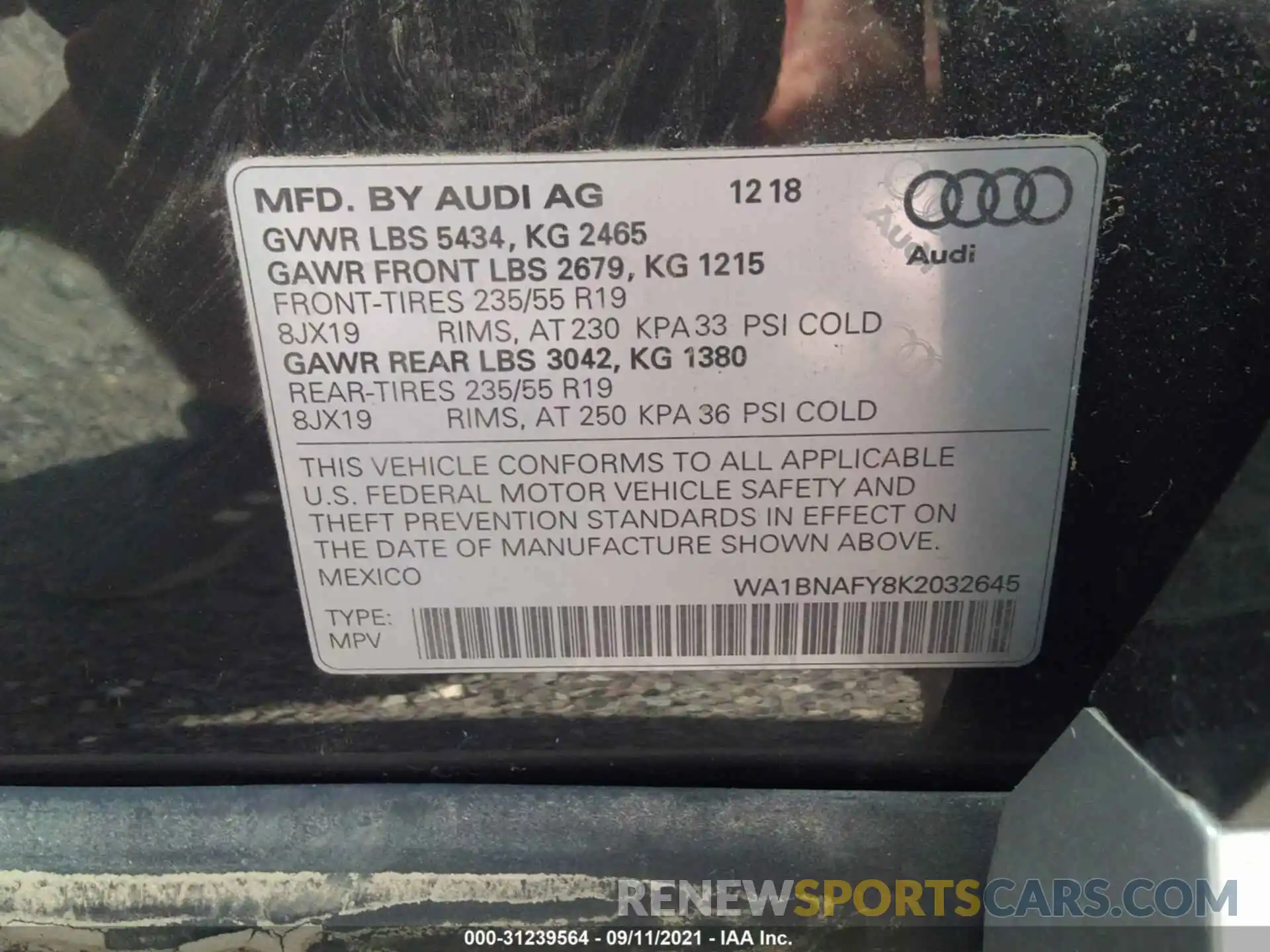 9 Фотография поврежденного автомобиля WA1BNAFY8K2032645 AUDI Q5 2019