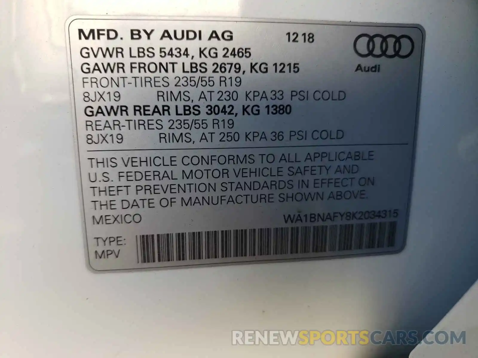 10 Photograph of a damaged car WA1BNAFY8K2034315 AUDI Q5 2019