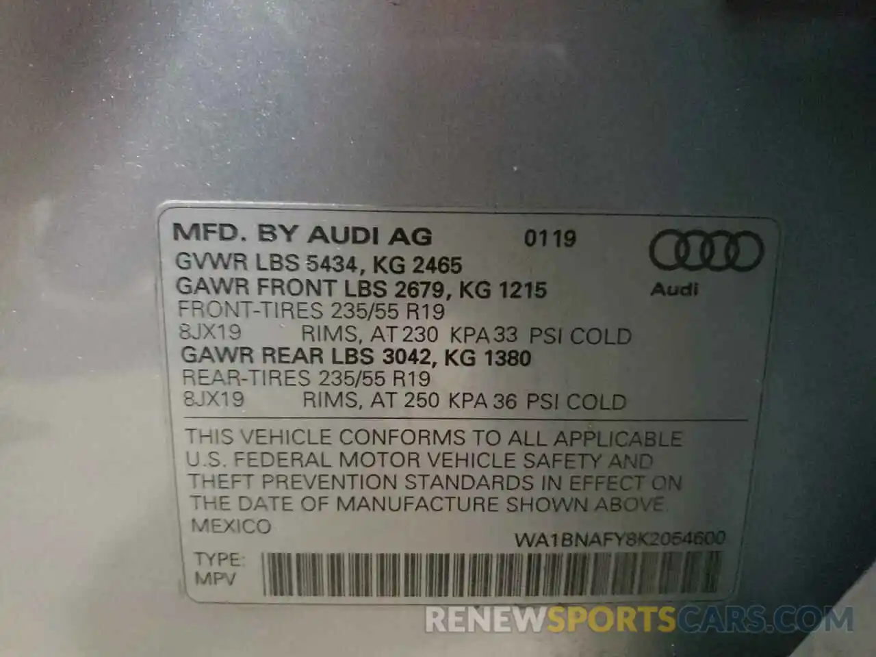 10 Фотография поврежденного автомобиля WA1BNAFY8K2054600 AUDI Q5 2019