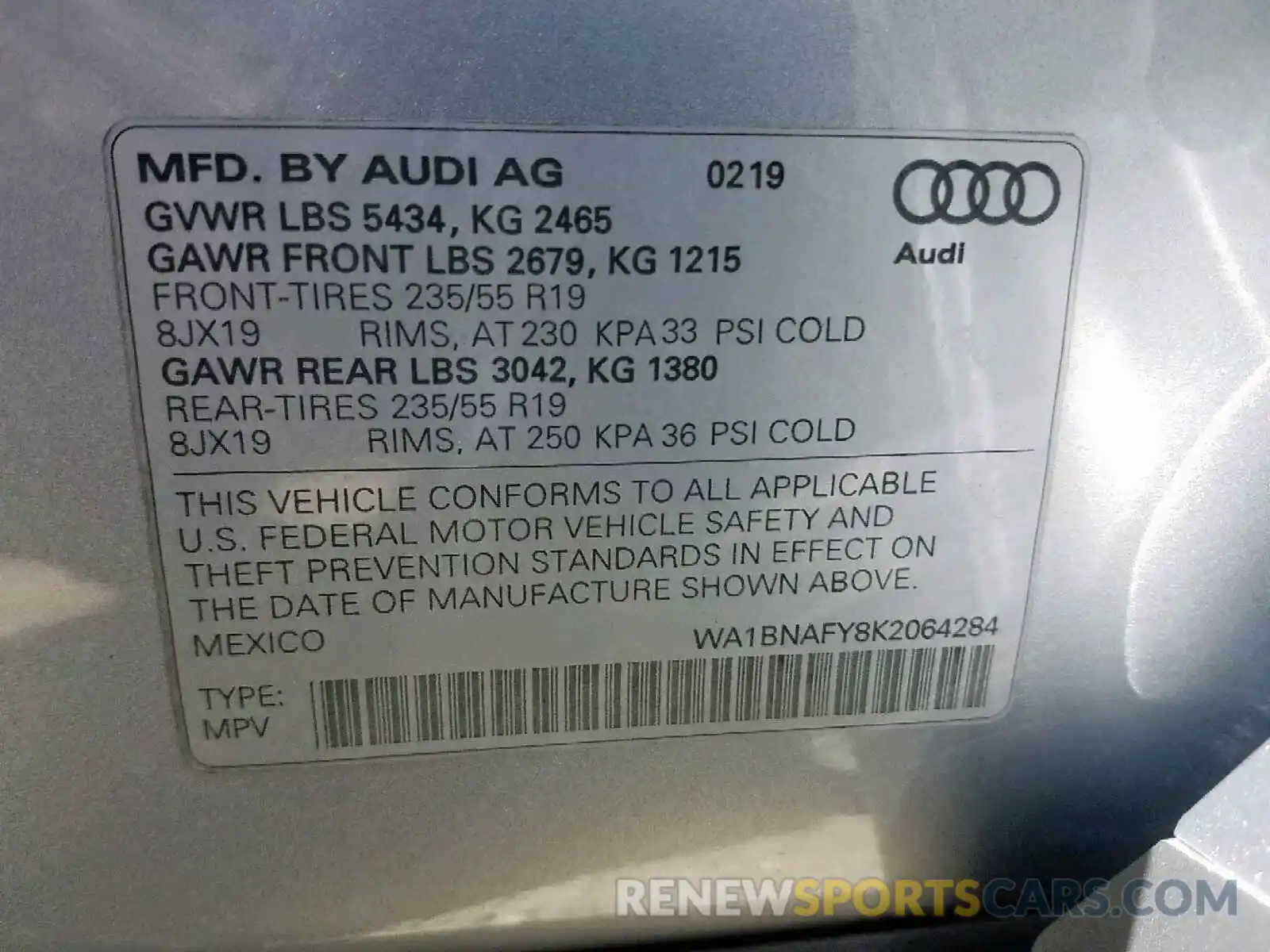 10 Фотография поврежденного автомобиля WA1BNAFY8K2064284 AUDI Q5 2019