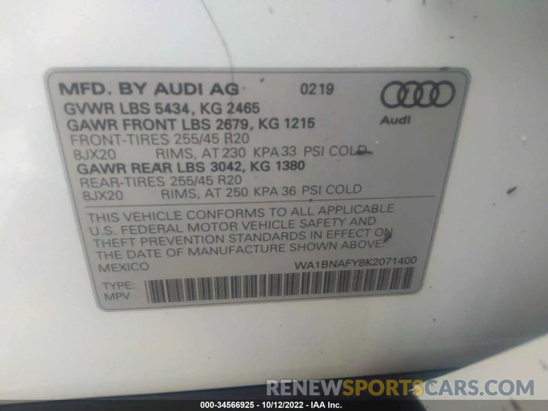 9 Photograph of a damaged car WA1BNAFY8K2071400 AUDI Q5 2019