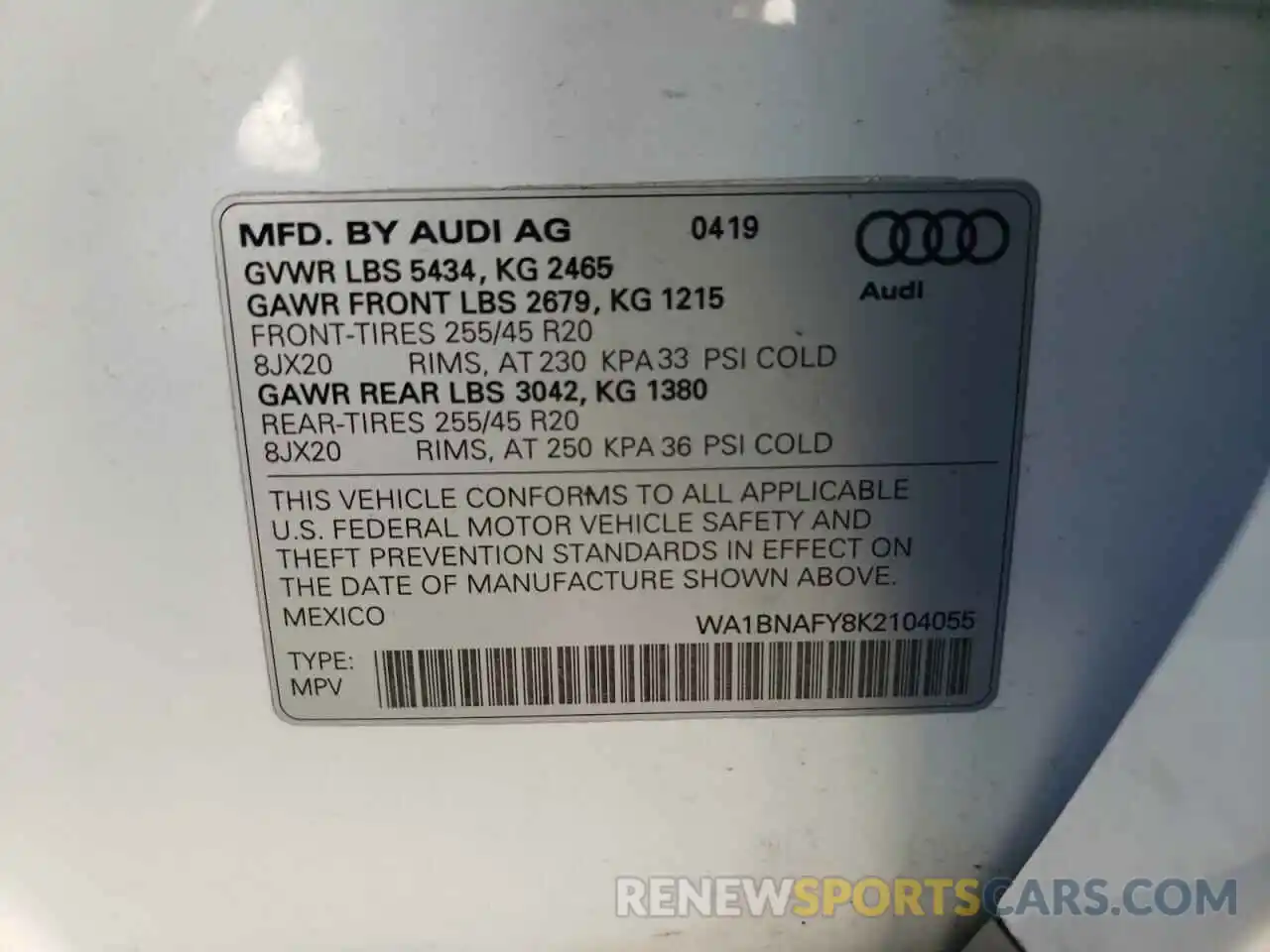 10 Photograph of a damaged car WA1BNAFY8K2104055 AUDI Q5 2019