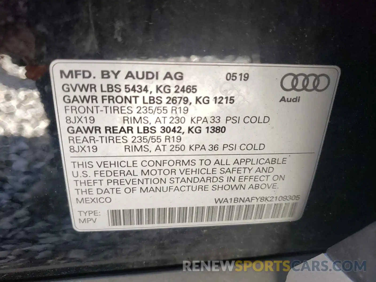 10 Photograph of a damaged car WA1BNAFY8K2109305 AUDI Q5 2019