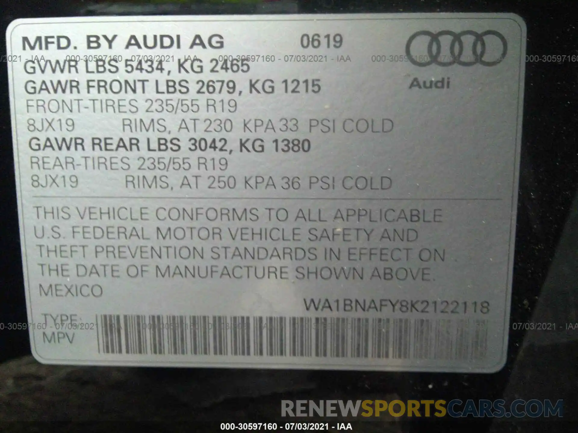 9 Photograph of a damaged car WA1BNAFY8K2122118 AUDI Q5 2019