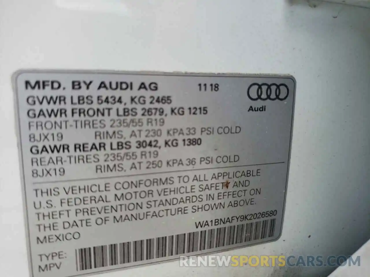 10 Photograph of a damaged car WA1BNAFY9K2026580 AUDI Q5 2019