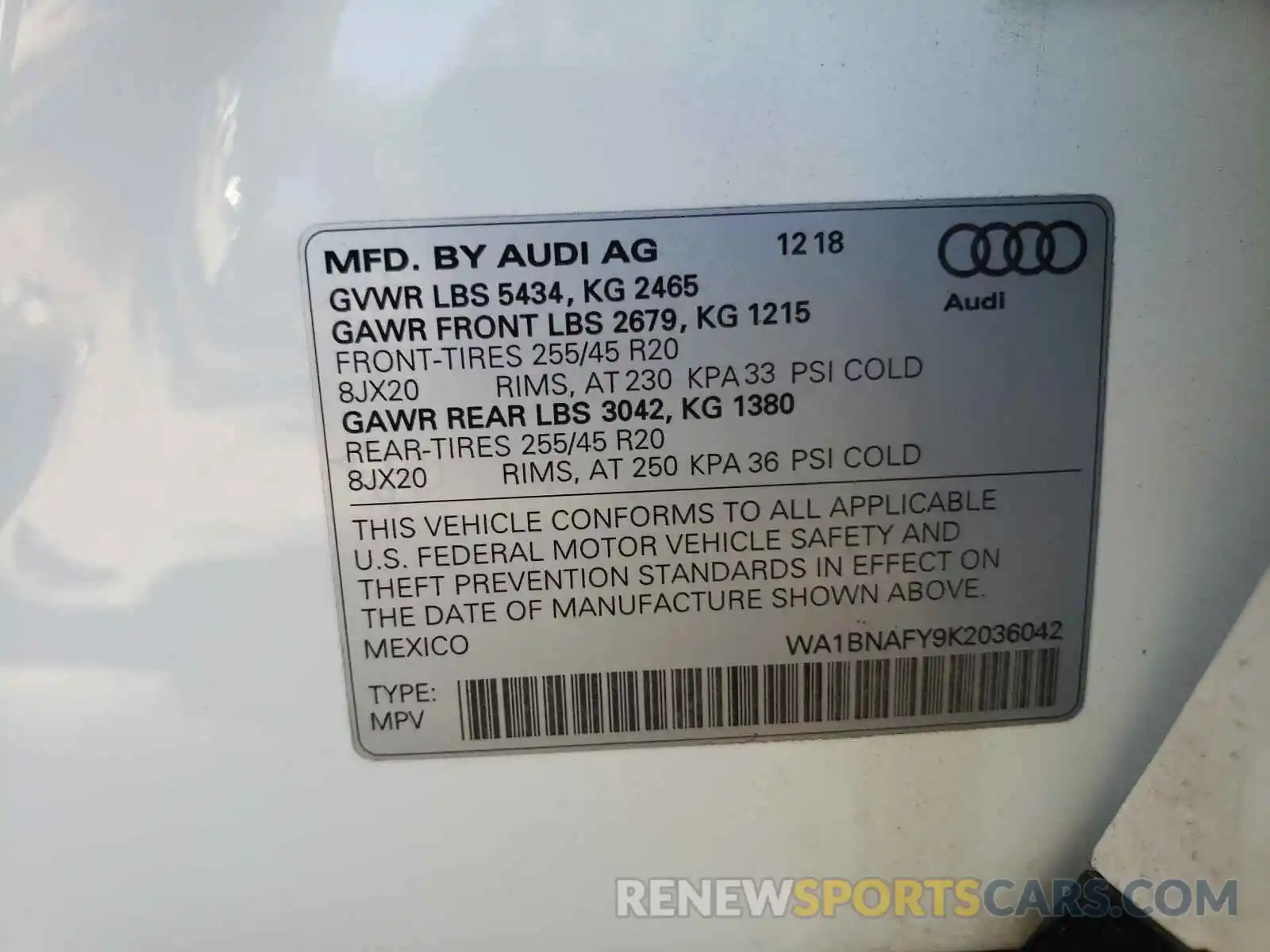 10 Photograph of a damaged car WA1BNAFY9K2036042 AUDI Q5 2019