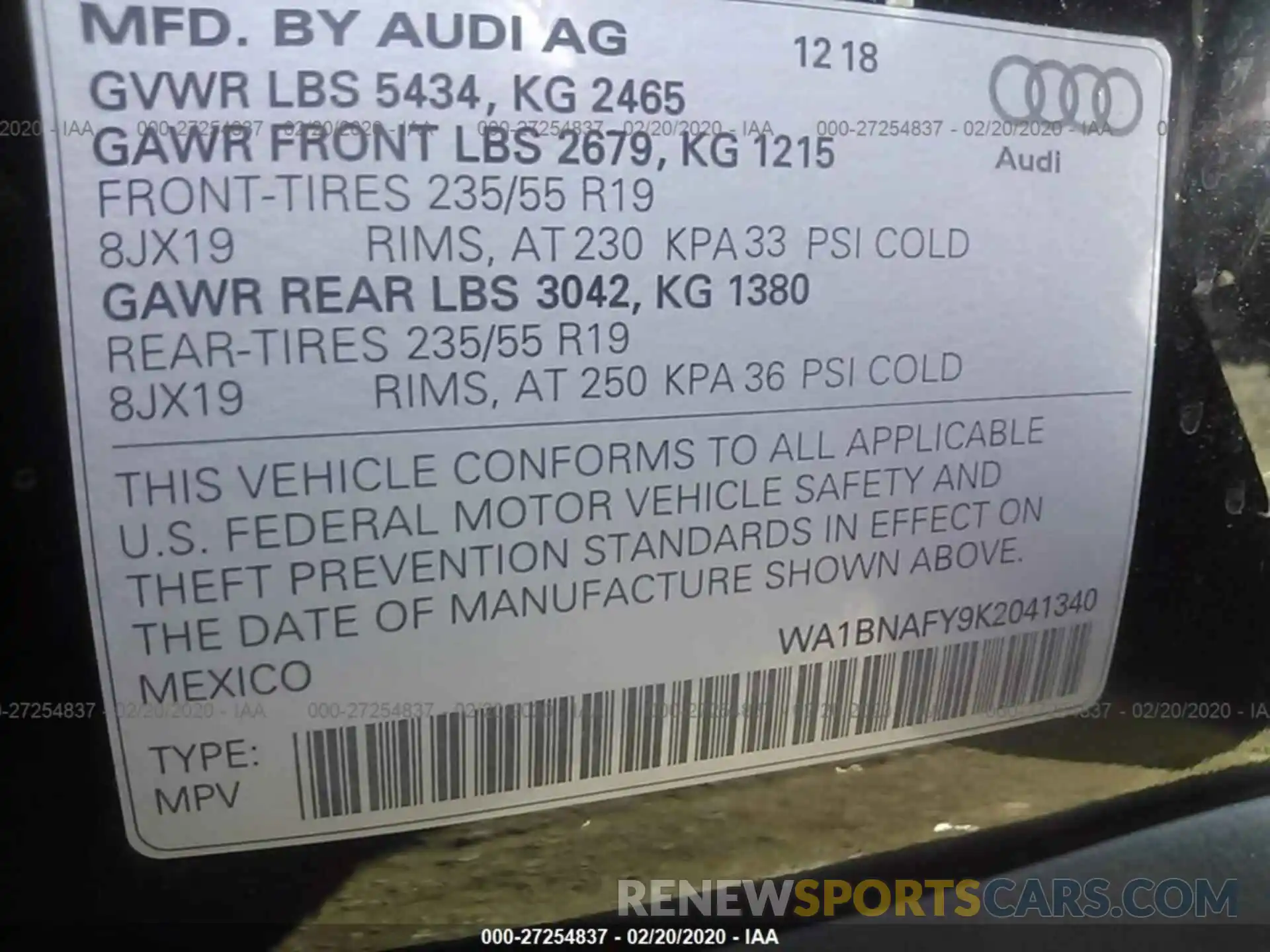 9 Photograph of a damaged car WA1BNAFY9K2041340 AUDI Q5 2019