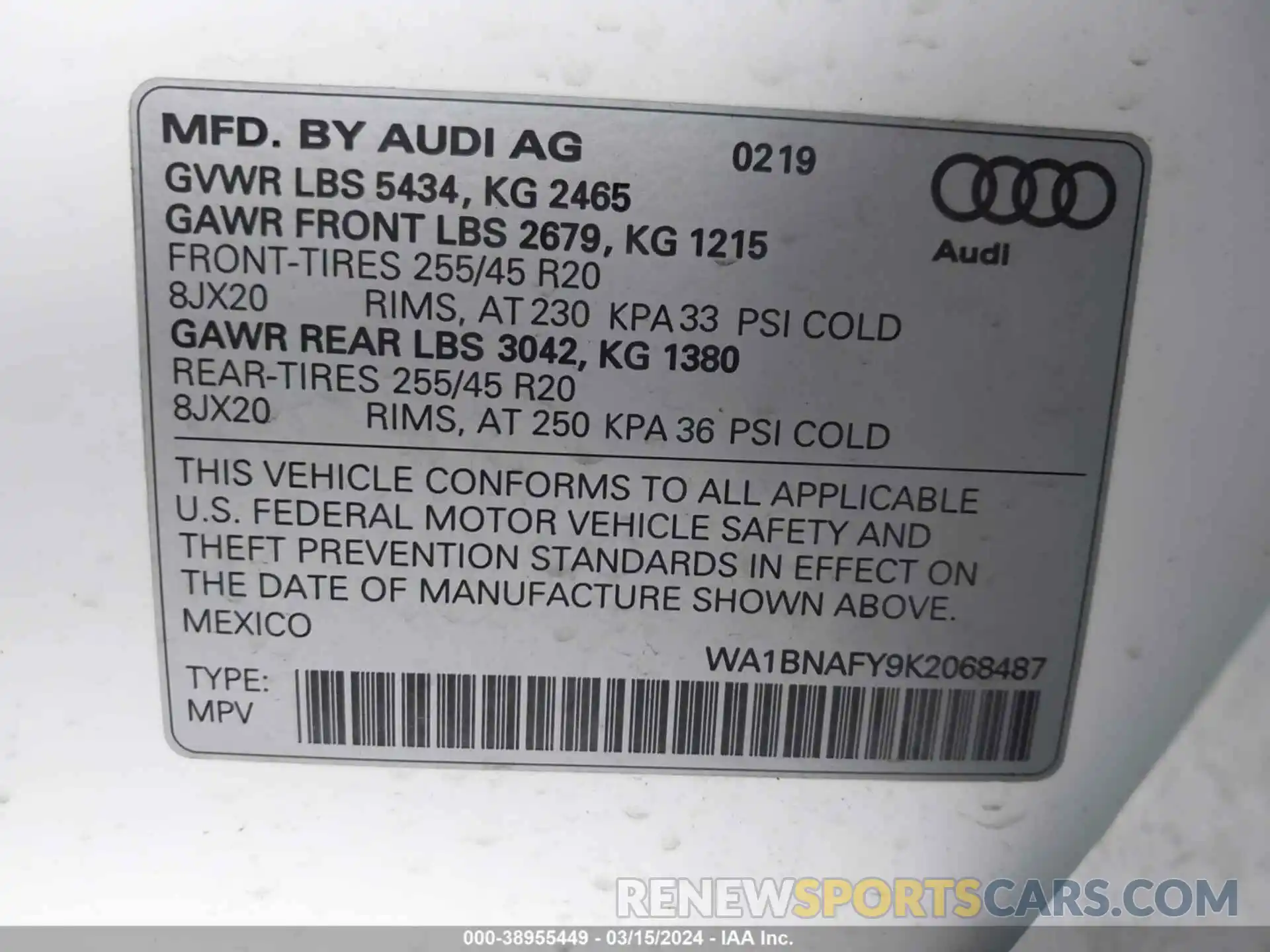 9 Photograph of a damaged car WA1BNAFY9K2068487 AUDI Q5 2019