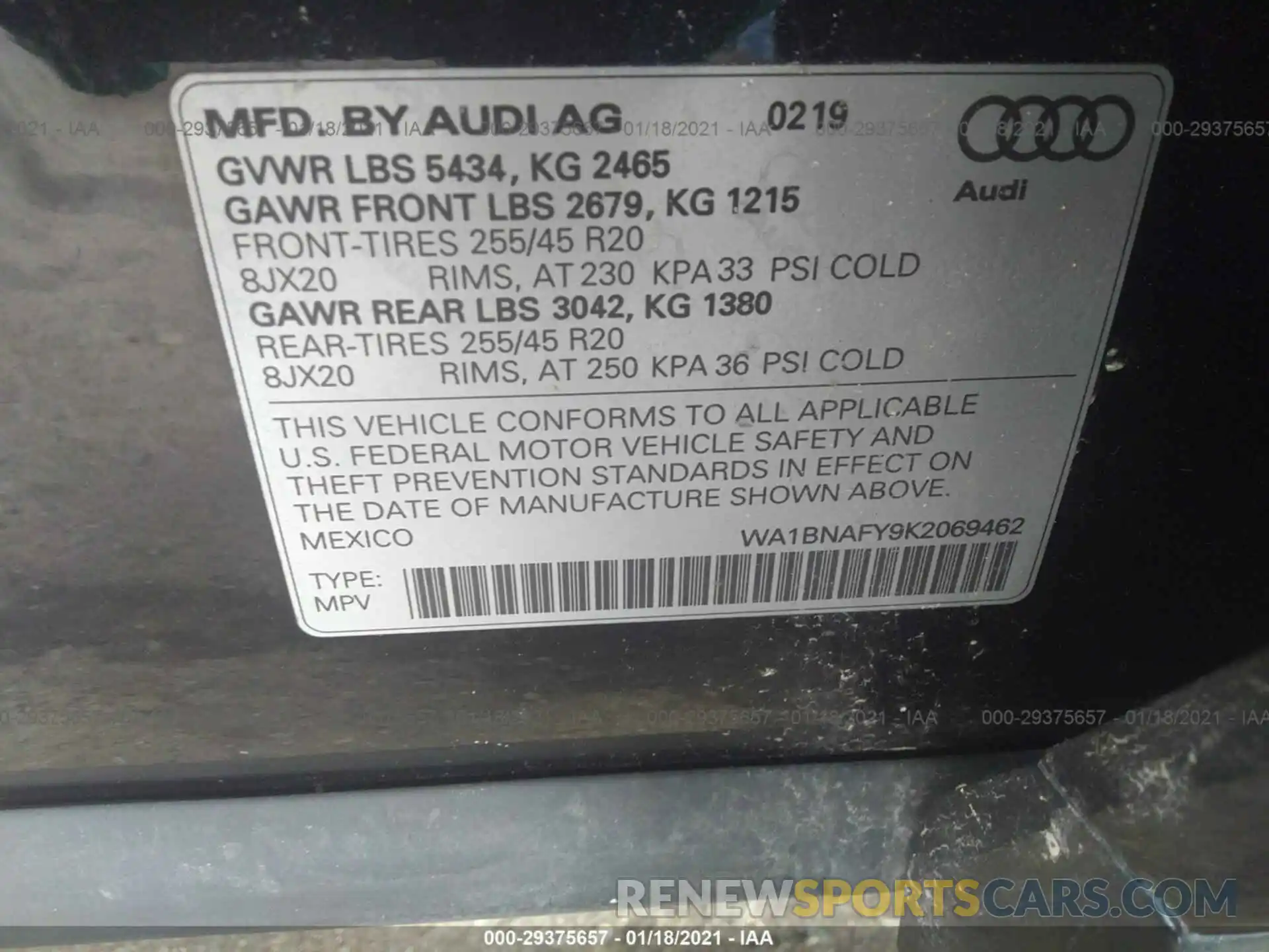 9 Фотография поврежденного автомобиля WA1BNAFY9K2069462 AUDI Q5 2019