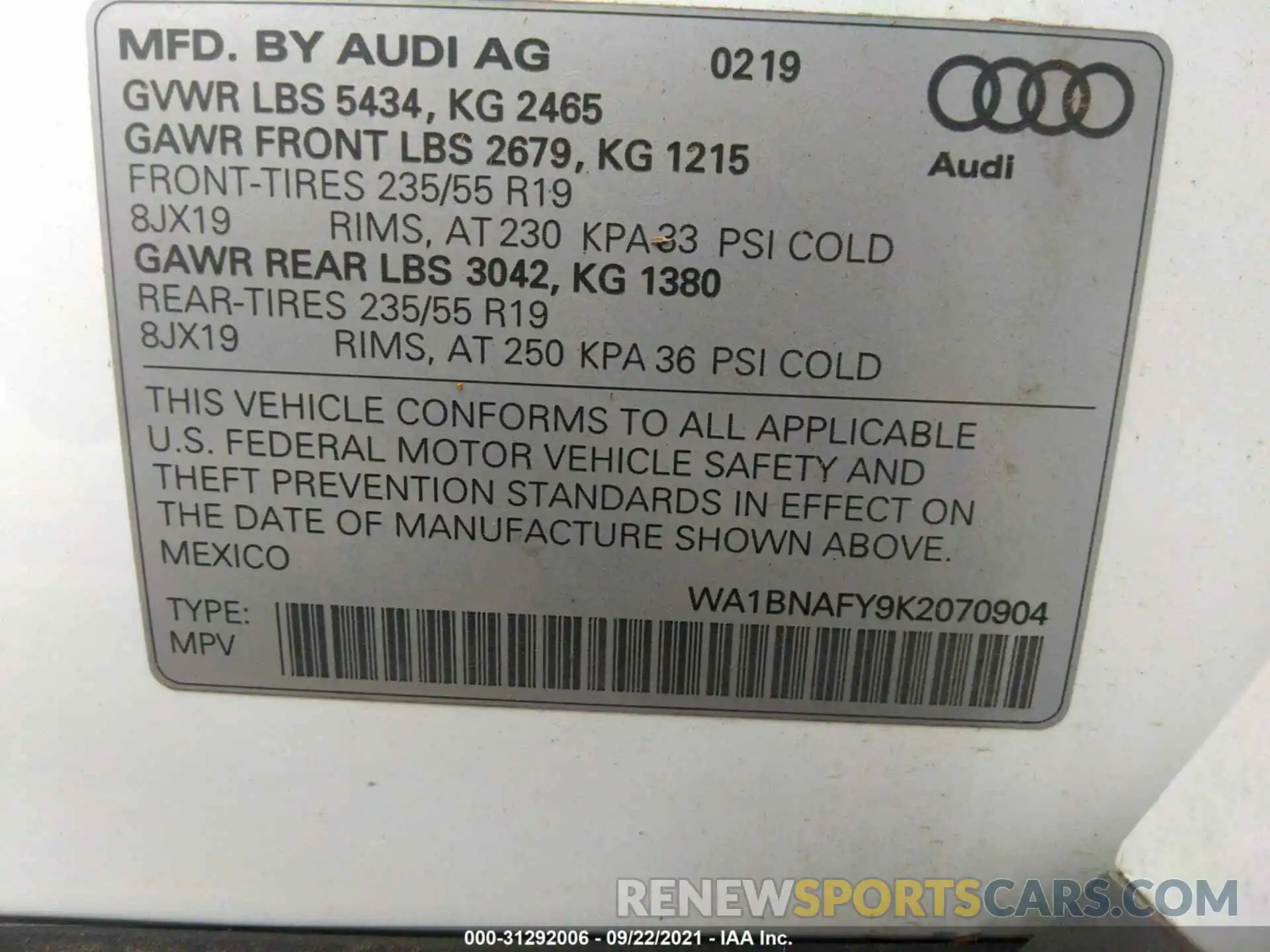 9 Photograph of a damaged car WA1BNAFY9K2070904 AUDI Q5 2019