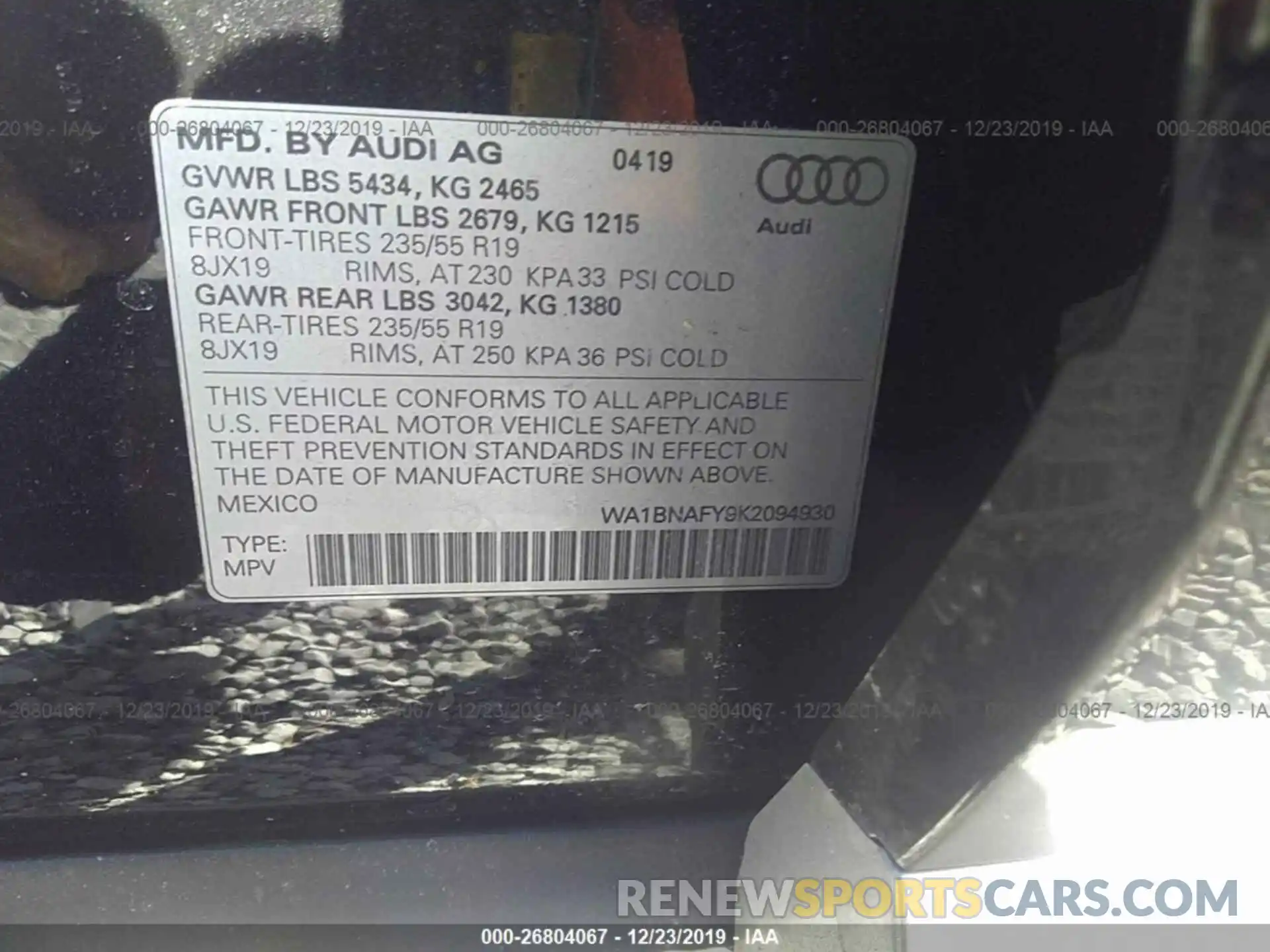 9 Photograph of a damaged car WA1BNAFY9K2094930 AUDI Q5 2019