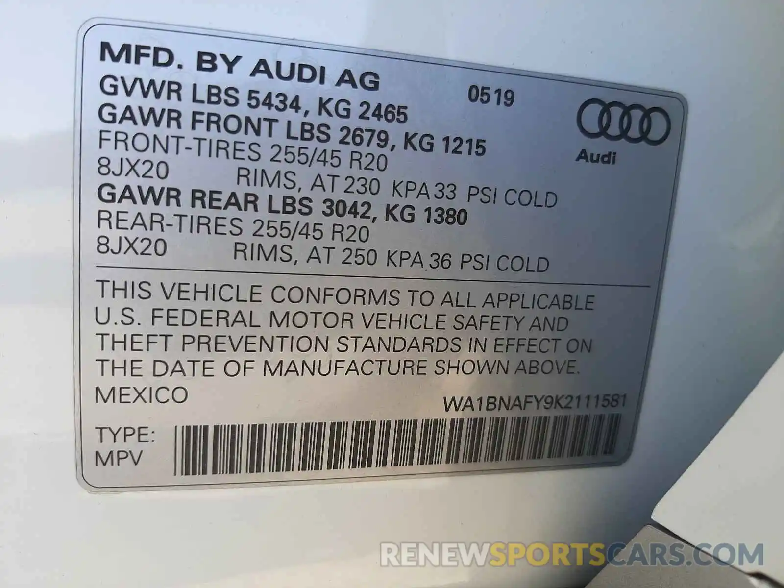 10 Фотография поврежденного автомобиля WA1BNAFY9K2111581 AUDI Q5 2019