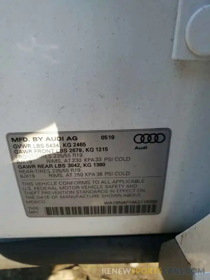 10 Фотография поврежденного автомобиля WA1BNAFY9K2115288 AUDI Q5 2019