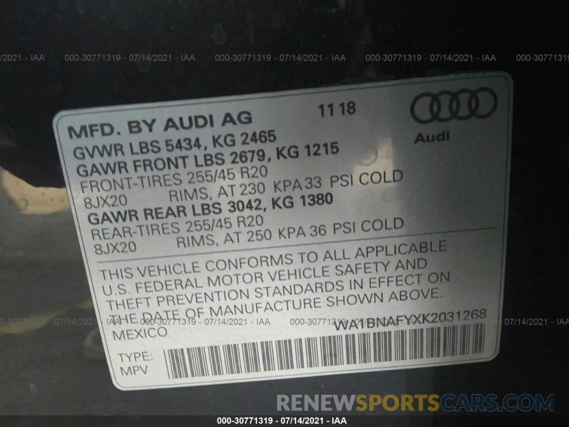 9 Фотография поврежденного автомобиля WA1BNAFYXK2031268 AUDI Q5 2019