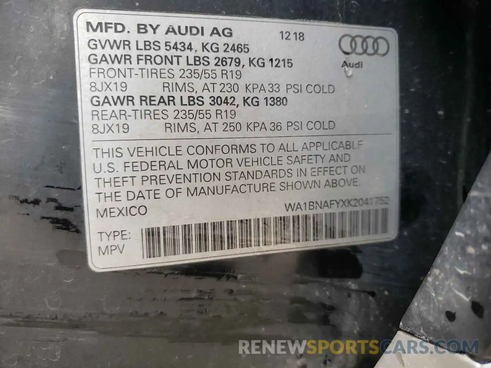 10 Фотография поврежденного автомобиля WA1BNAFYXK2041752 AUDI Q5 2019