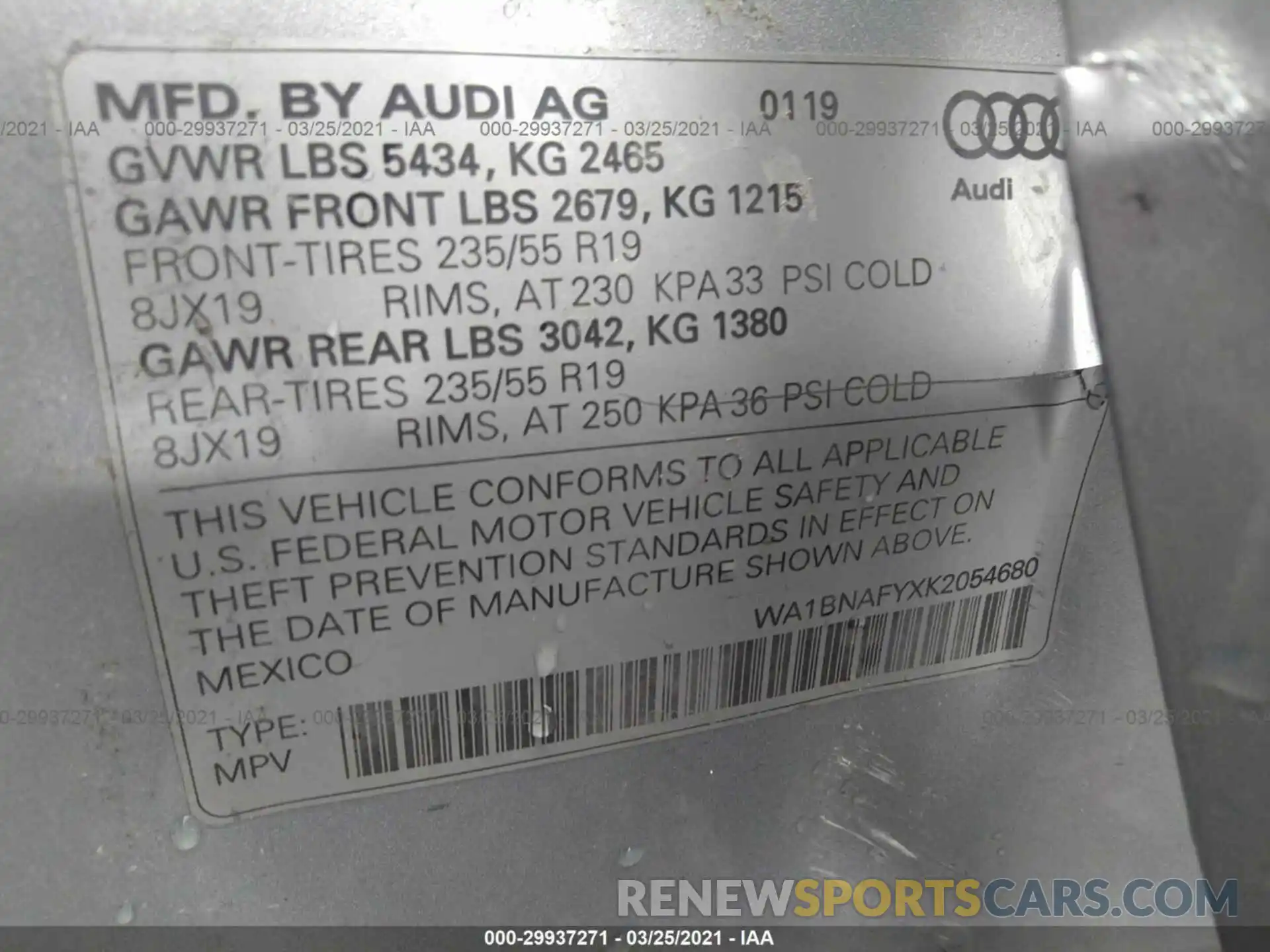 9 Фотография поврежденного автомобиля WA1BNAFYXK2054680 AUDI Q5 2019