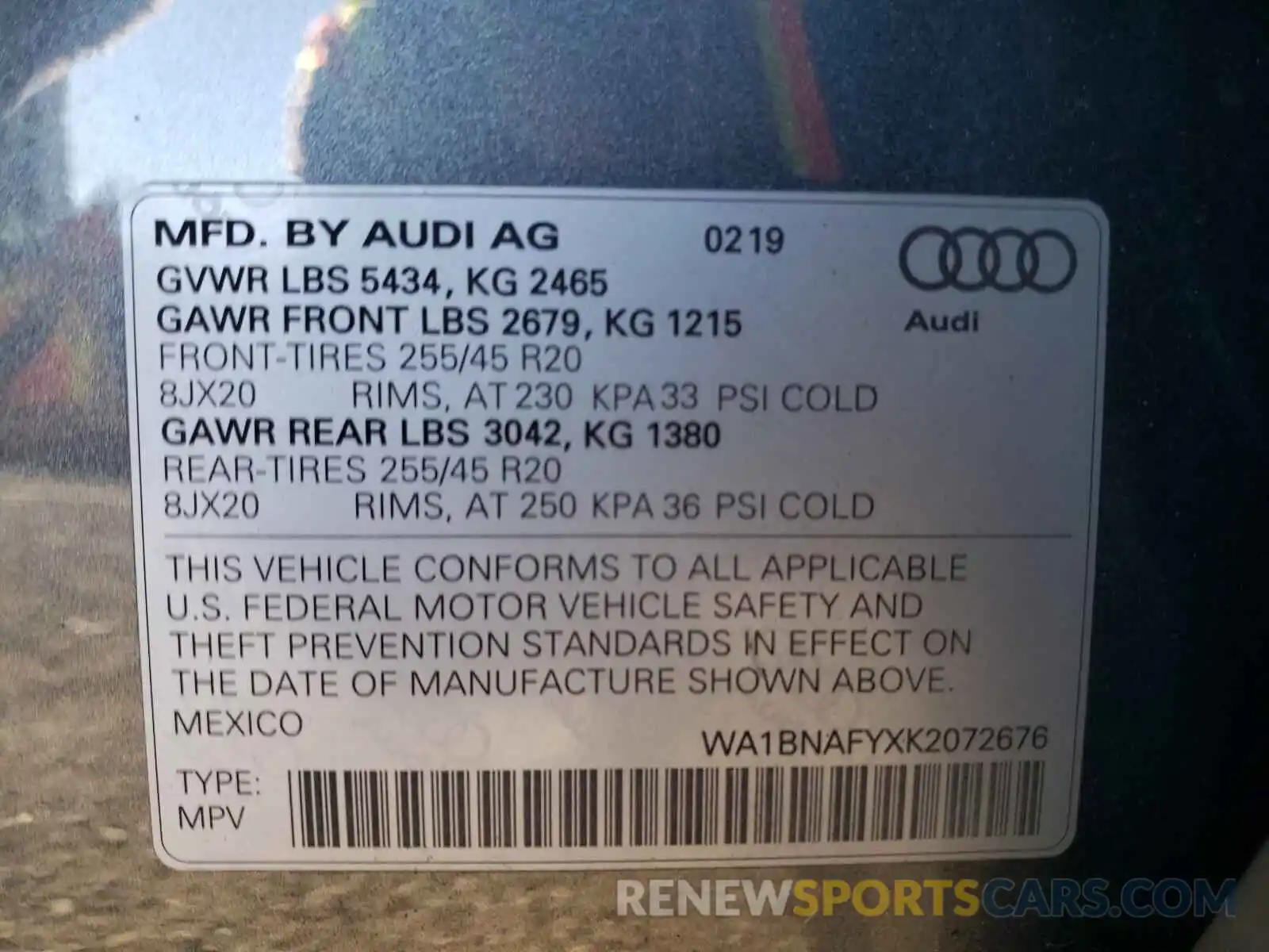 7 Фотография поврежденного автомобиля WA1BNAFYXK2072676 AUDI Q5 2019