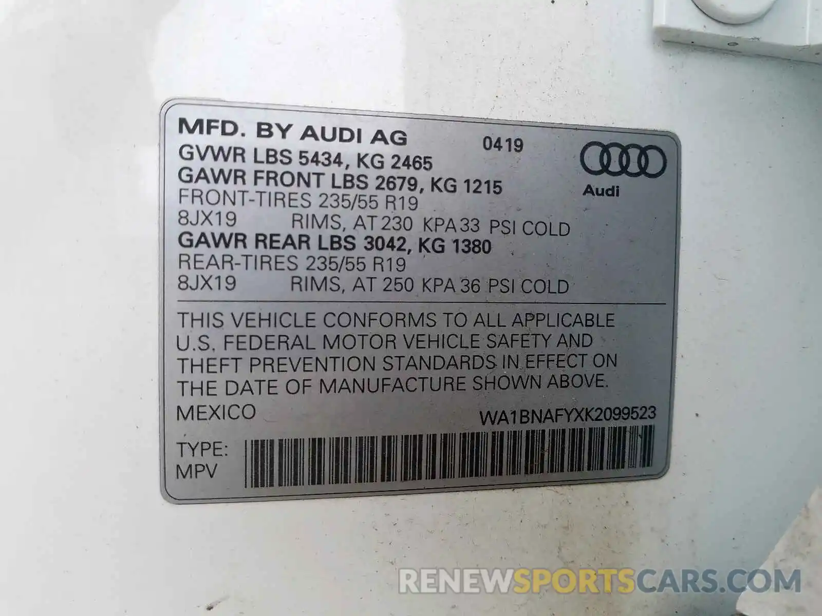 10 Photograph of a damaged car WA1BNAFYXK2099523 AUDI Q5 2019